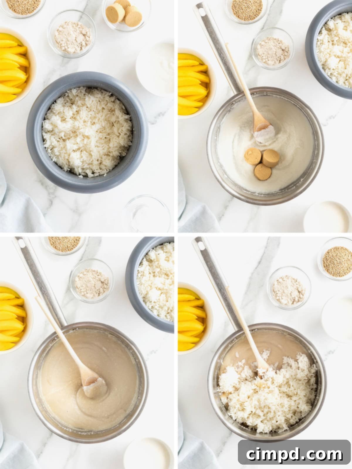 A visual guide showing the initial steps to make Thai Mango Sticky Rice, from cooking the rice to mixing it with coconut cream.