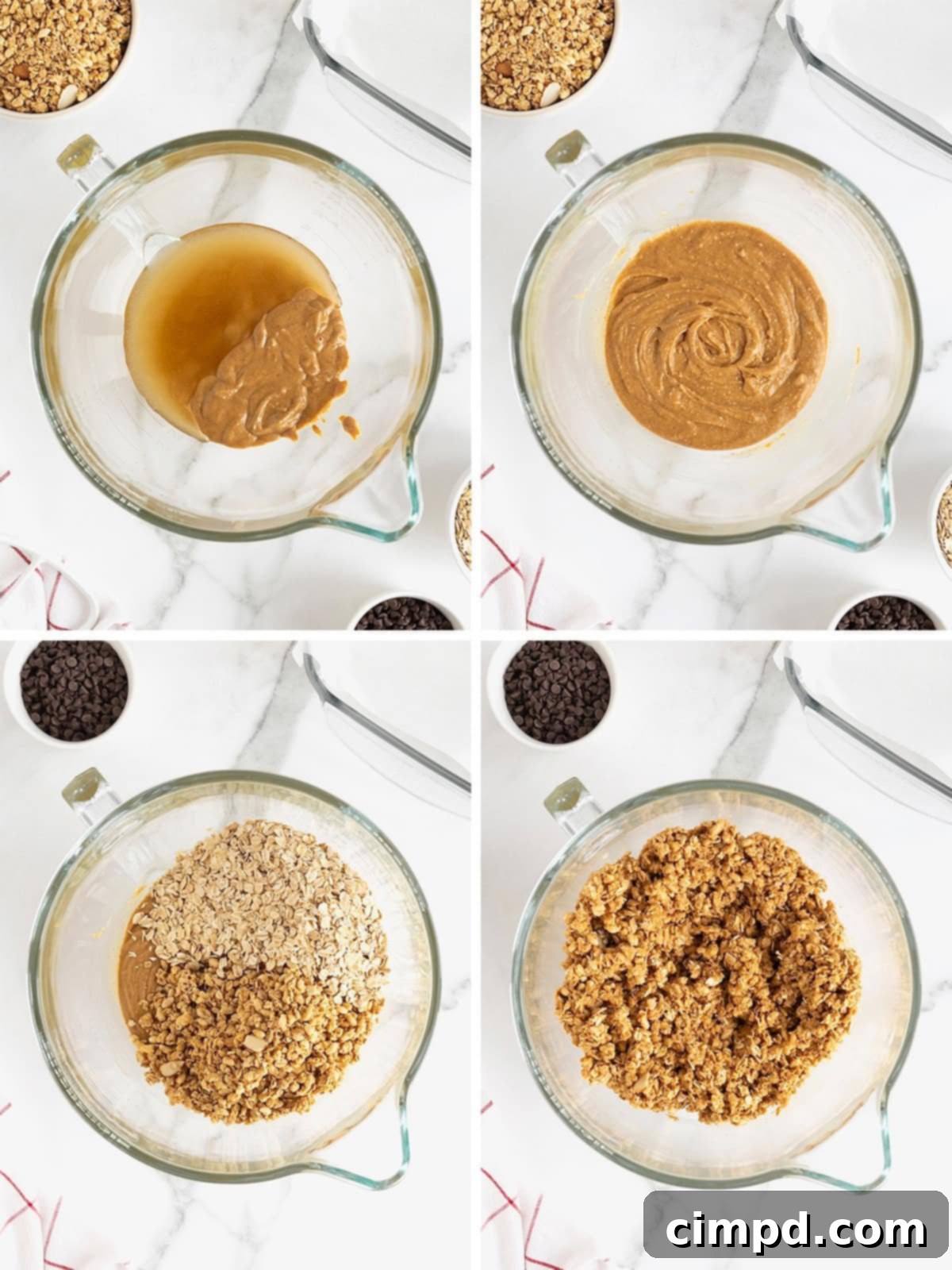 A visual step-by-step guide showing the process of mixing ingredients to make 5-Ingredient Chocolate Chip Granola Bars.