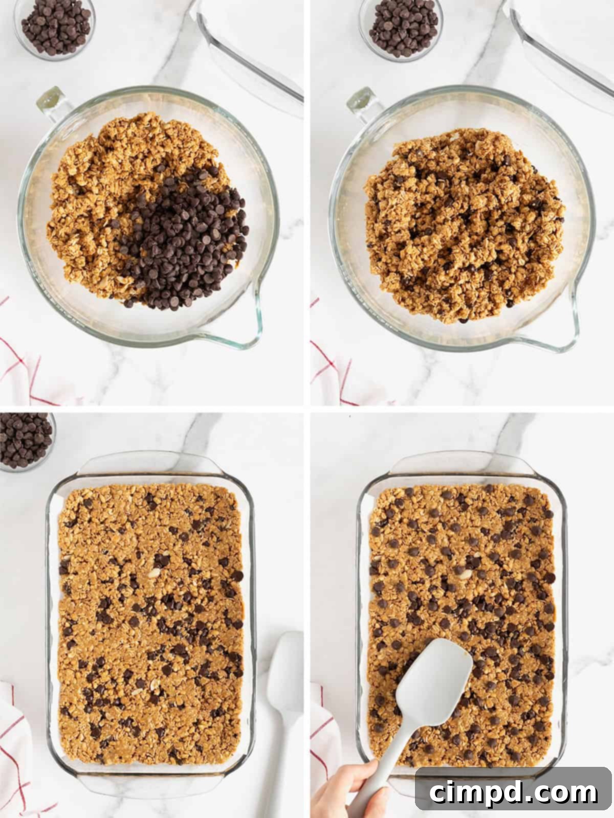 More steps illustrating the process of making Chocolate Chip Granola Bars, focusing on pressing the mixture and adding chocolate chips.