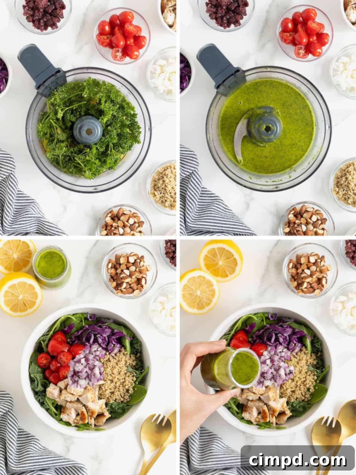 A visual guide showing the initial steps to prepare a delicious chicken quinoa salad, emphasizing ingredient mixing.