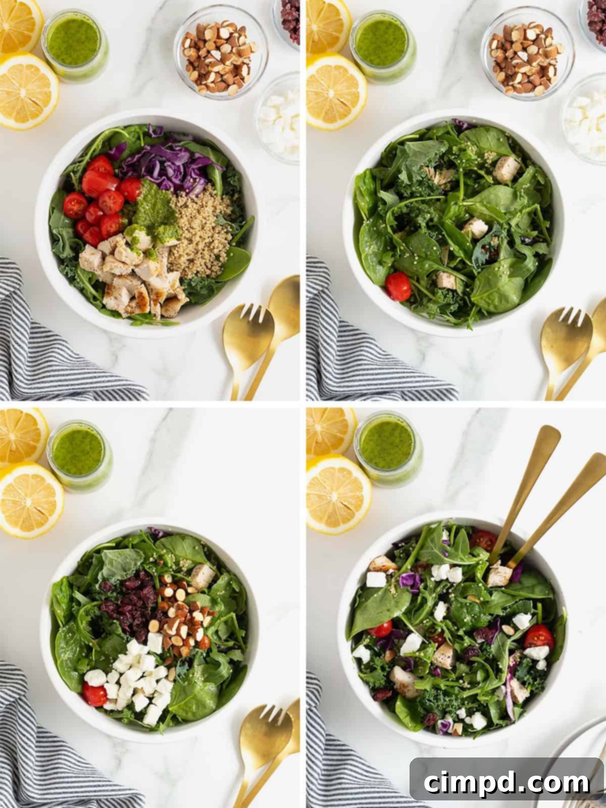 A visual guide displaying the final steps in preparing a chicken quinoa powerhouse salad, showcasing the addition of final toppings and a gentle toss.