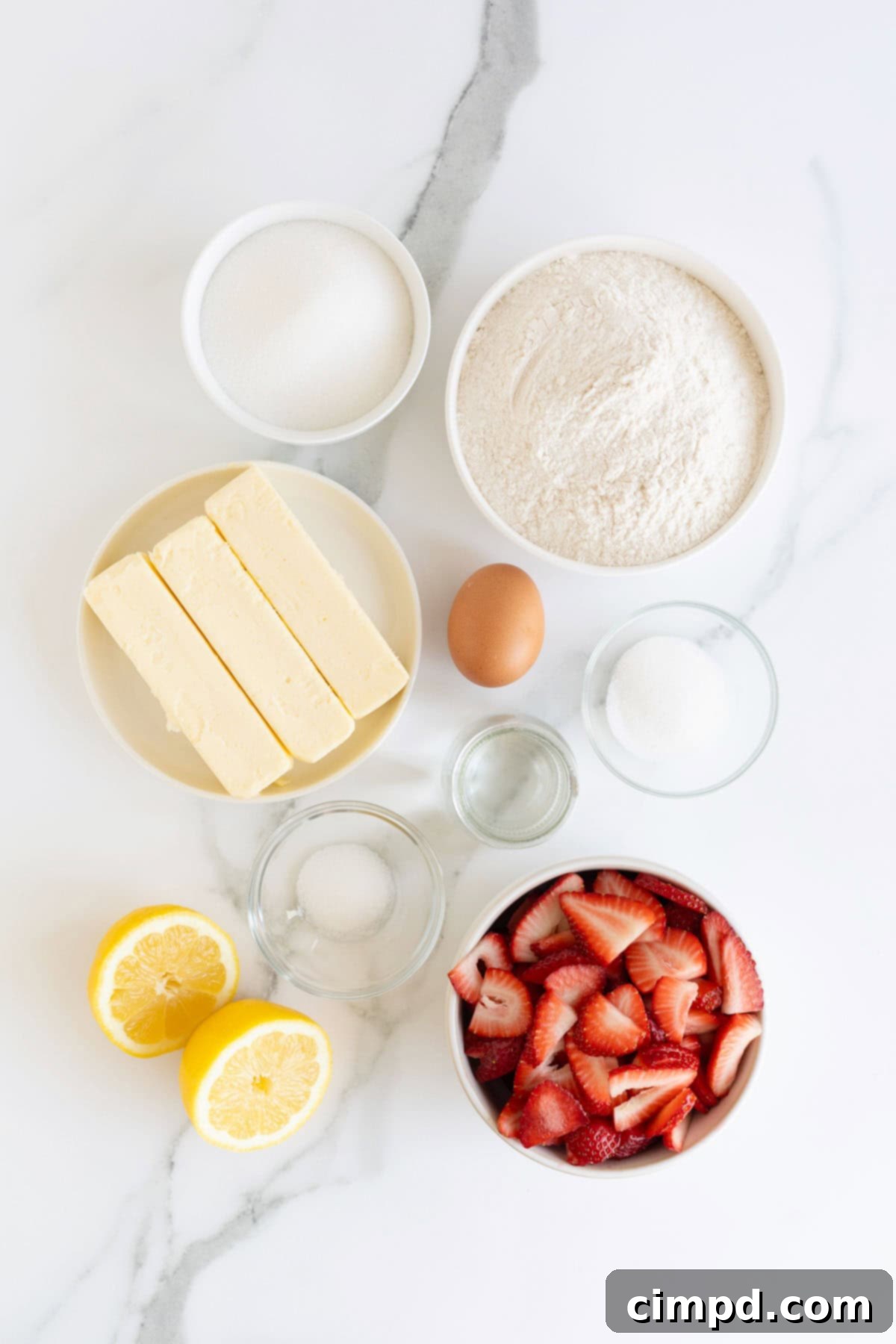 Summer Strawberry Slab Pie 5 All the fresh and dry ingredients meticulously laid out in white and clear glass dishes on a pristine white marble counter, ready to be transformed into a delicious Strawberry Slab Pie.