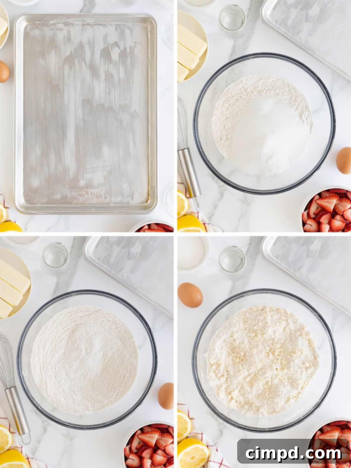 Summer Strawberry Slab Pie 6 A visual guide showing the initial steps to make a Strawberry Slab Pie, from mixing dry ingredients and cutting in butter to forming the dough.