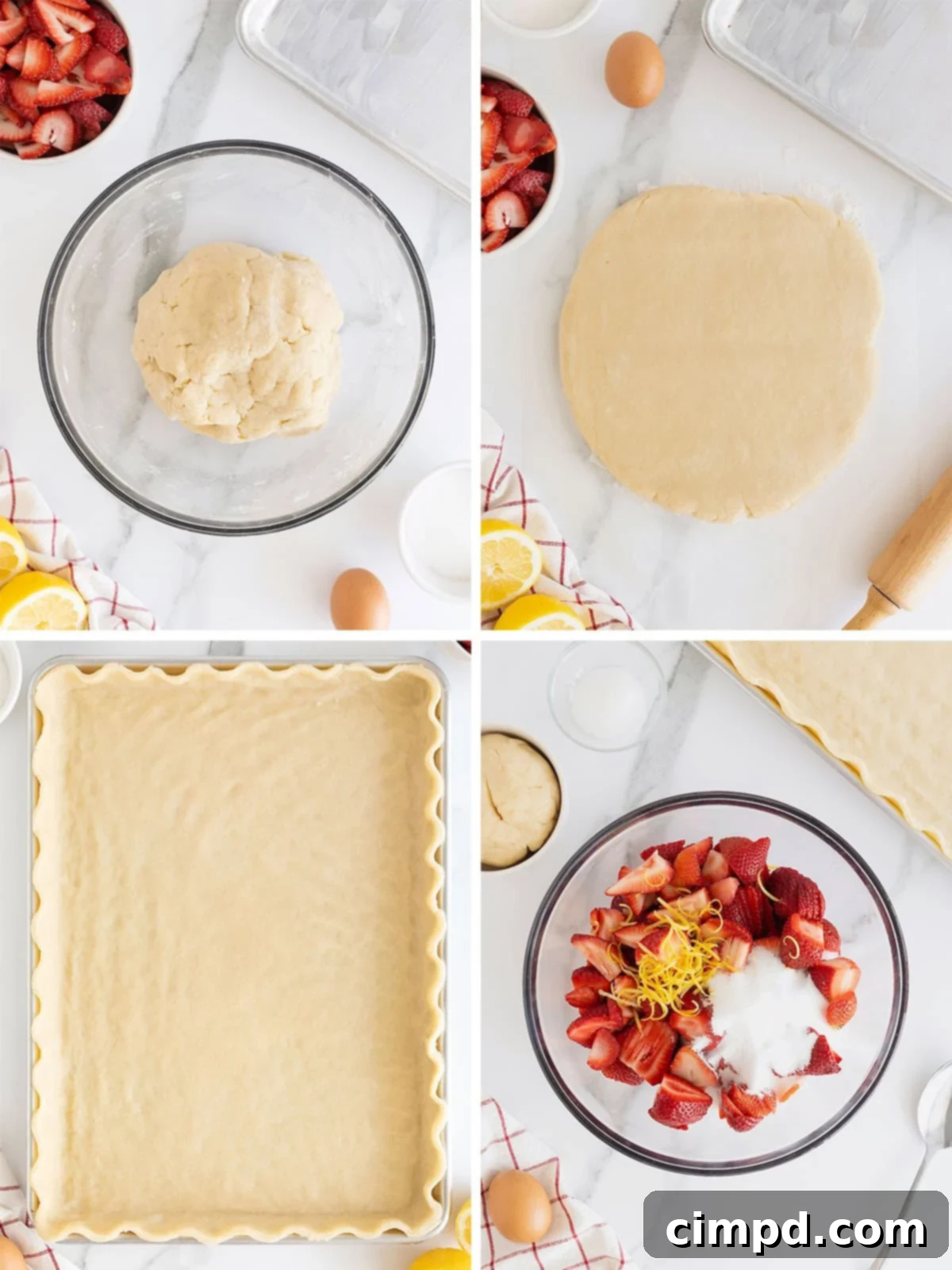 Summer Strawberry Slab Pie 7 Another set of visual steps for making Strawberry Slab Pie, depicting the preparation of the strawberry filling and its placement into the pie crust.