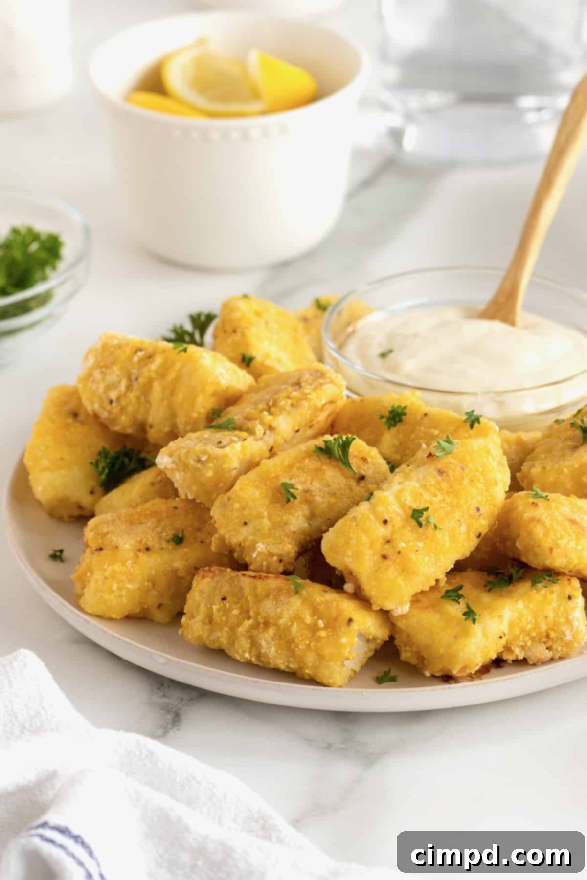 Crispy Baked Fish Fingers 2 A large white serving plate with a generous pile of golden battered fish sticks surrounding a small glass dish of tartar sauce.