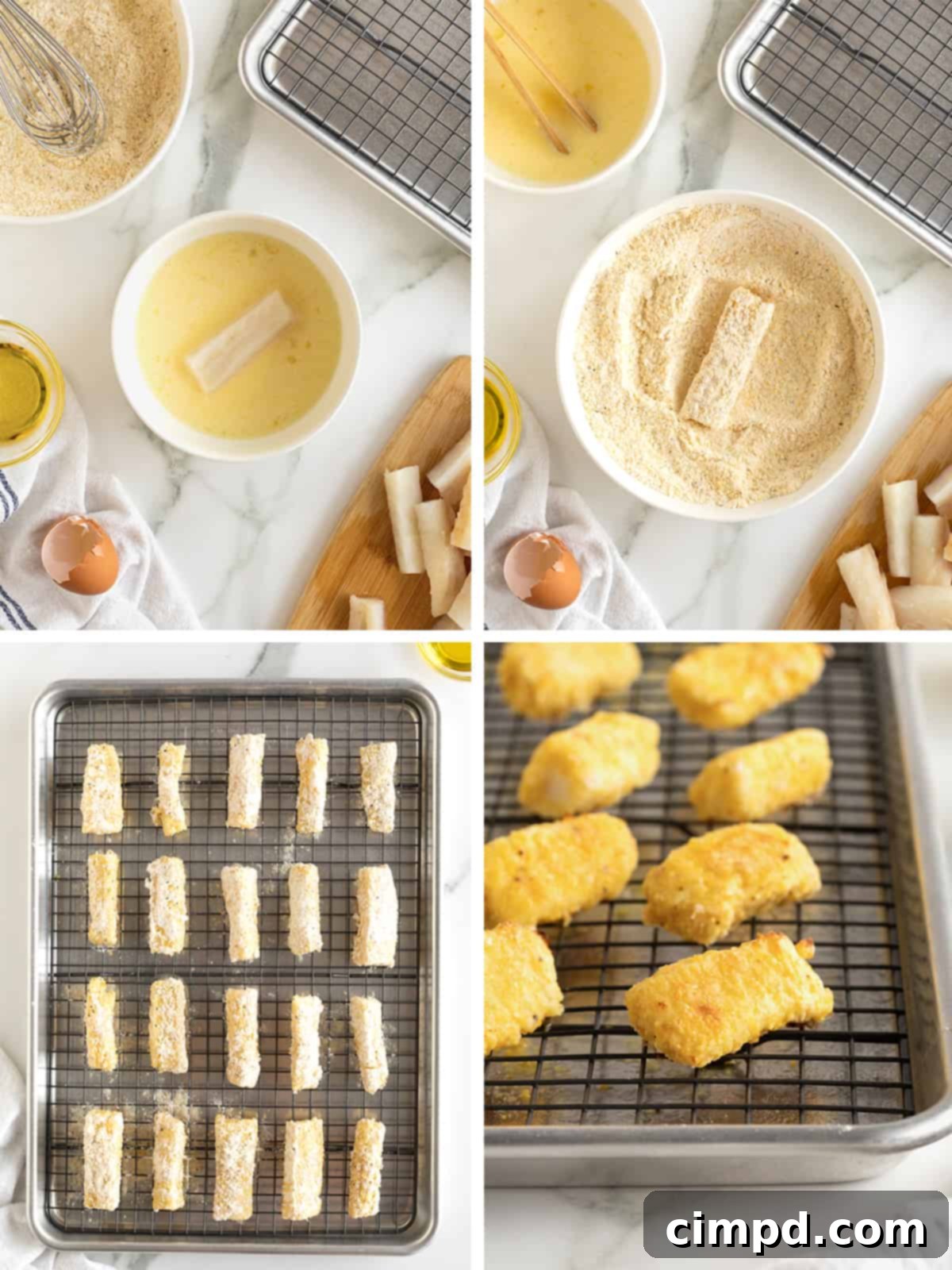 Crispy Baked Fish Fingers 10 A visual step-by-step guide showing the baking and coating process for homemade baked fish sticks.