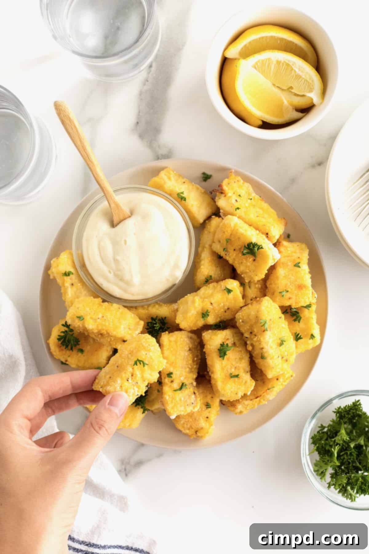 Crispy Baked Fish Fingers 4 A large white serving platter brimming with golden baked fish sticks, with a small glass bowl of tartar sauce nestled in the center. A hand reaches in to pick up a fish stick.