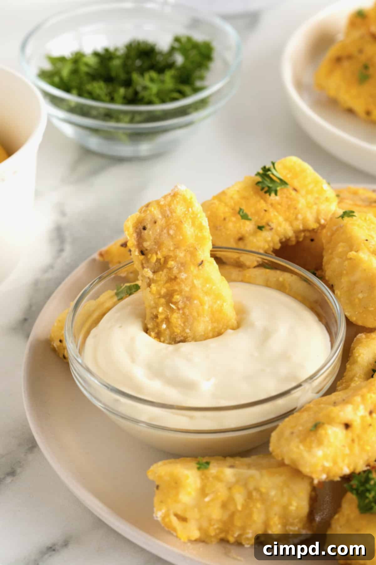 Crispy Baked Fish Fingers 5 A large white serving plate with a pile of golden battered fish sticks surrounding a small glass dish of tartar sauce. One fish stick is perfectly dipped into the creamy tartar sauce.