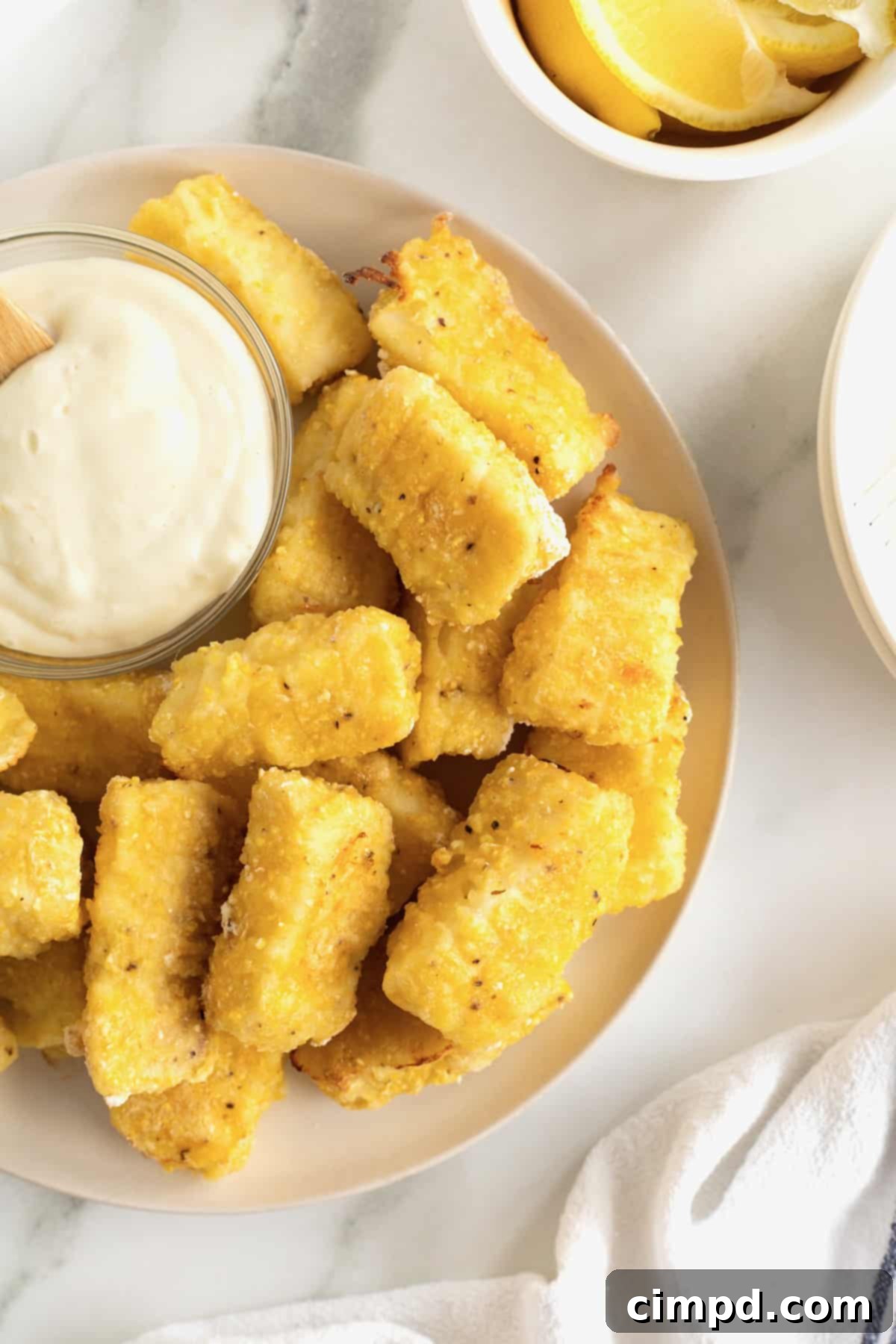 Crispy Baked Fish Fingers 6 A large white serving plate featuring a mouth-watering pile of golden battered fish sticks, perfectly arranged around a small glass dish of creamy tartar sauce.