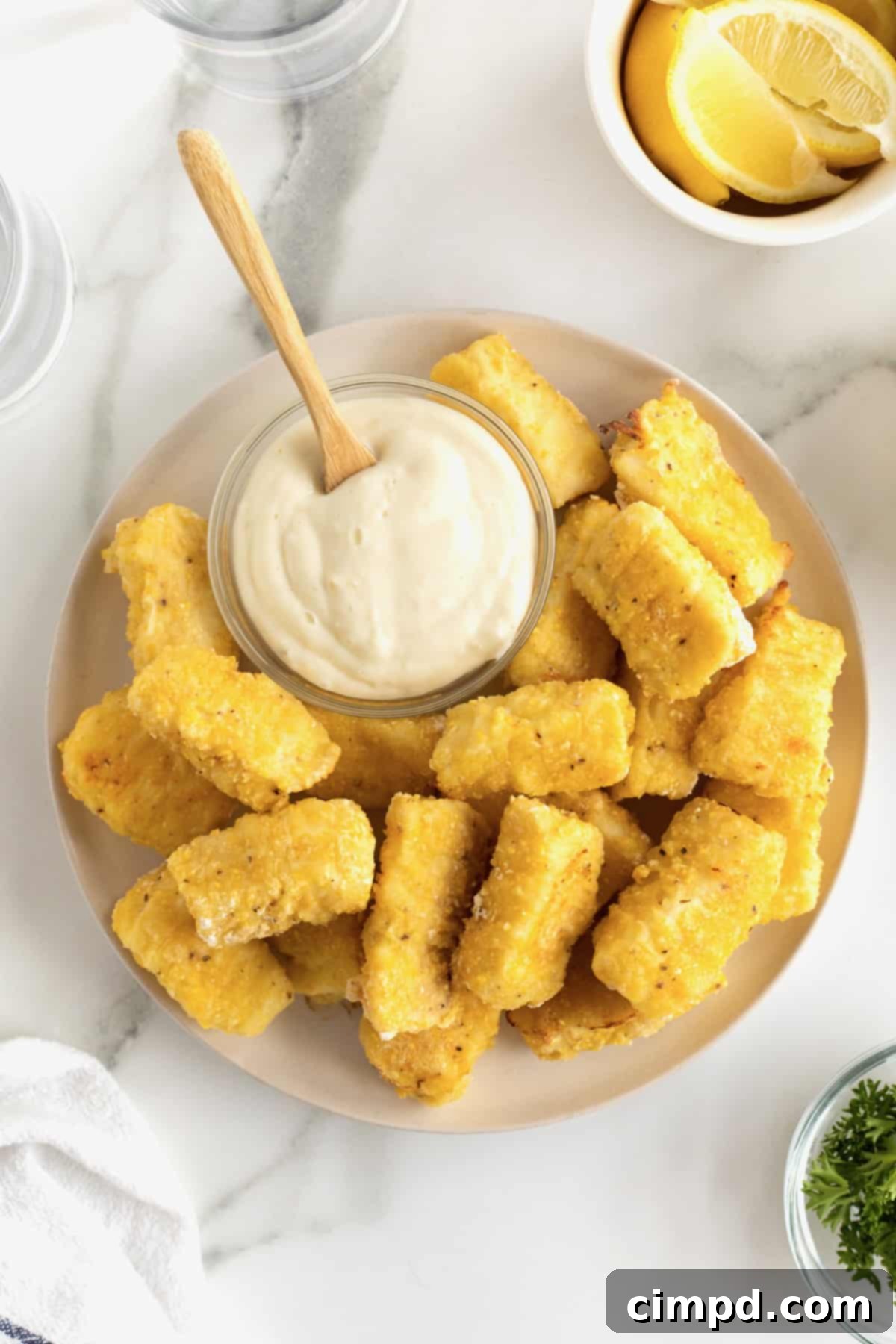 Crispy Baked Fish Fingers 7 A large white serving plate showcasing a generous pile of golden battered fish sticks, artfully arranged around a small glass dish of tartar sauce with a tiny wooden spoon.