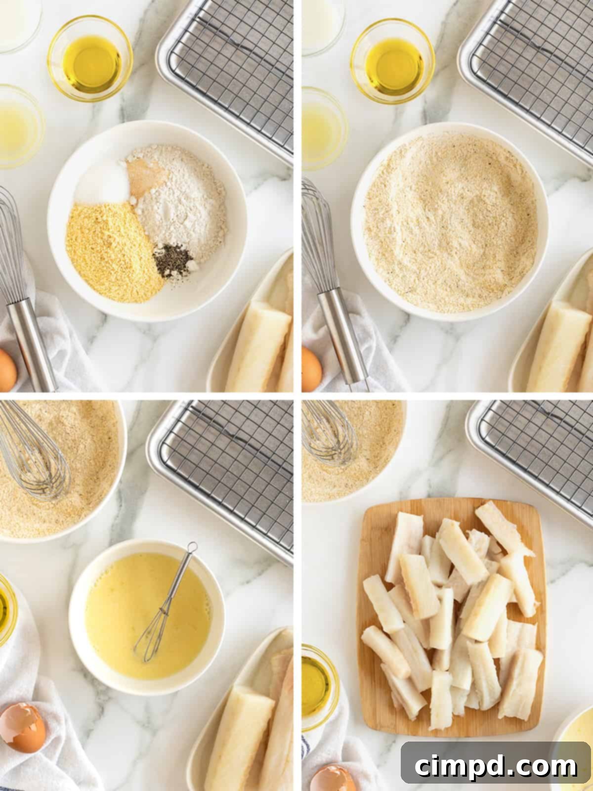 Crispy Baked Fish Fingers 9 A visual step-by-step guide showing how to prepare homemade baked fish sticks, illustrating the cutting of fish and preparation of breading.