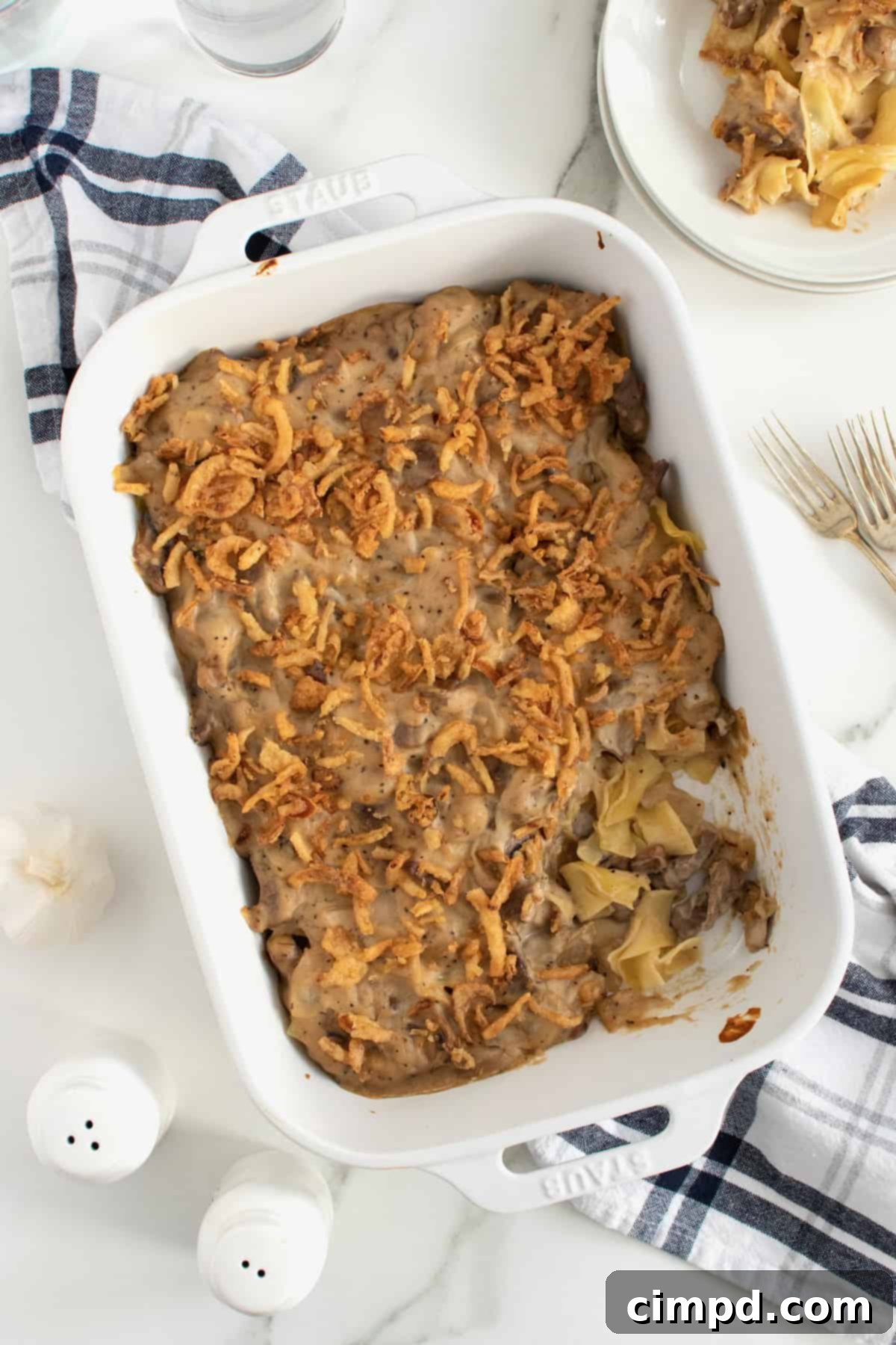 Close-up of creamy beef stroganoff sauce with mushrooms and steak strips