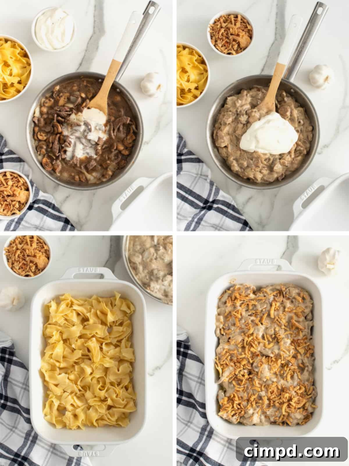 Assembled Beef Stroganoff Casserole before baking