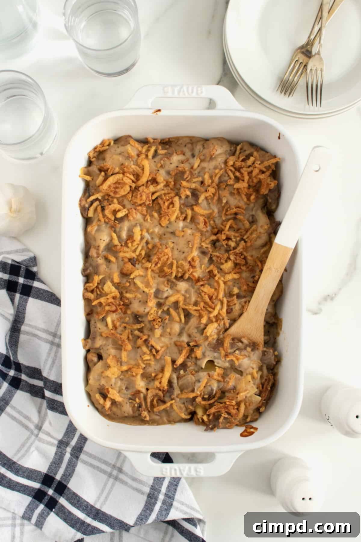 Finished Beef Stroganoff Casserole, baked and ready to serve