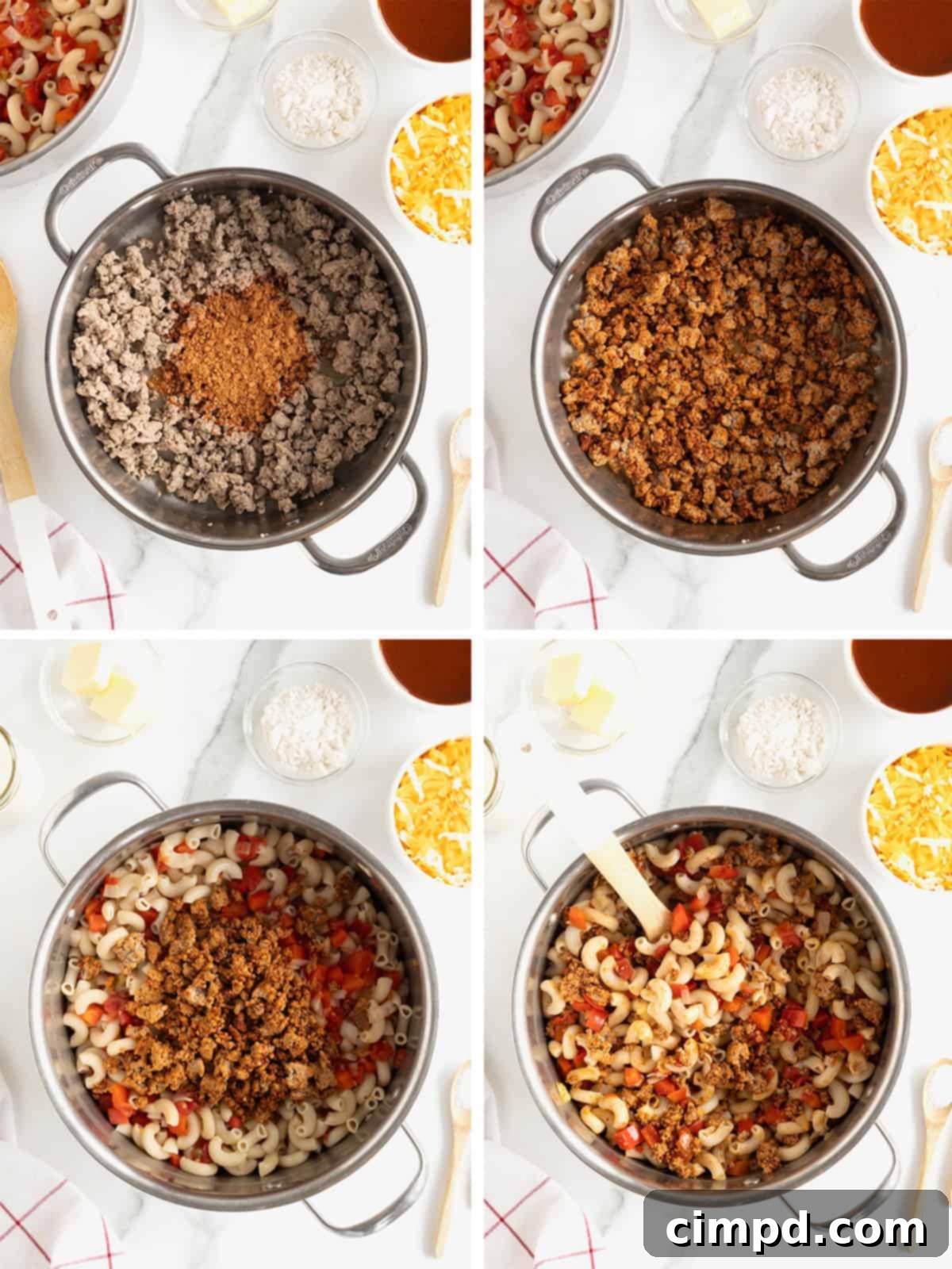 Fiesta Mac and Cheese 10 Second set of steps to make Mexi Mac and Cheese, showing seasoned ground meat being added to the macaroni and vegetables.