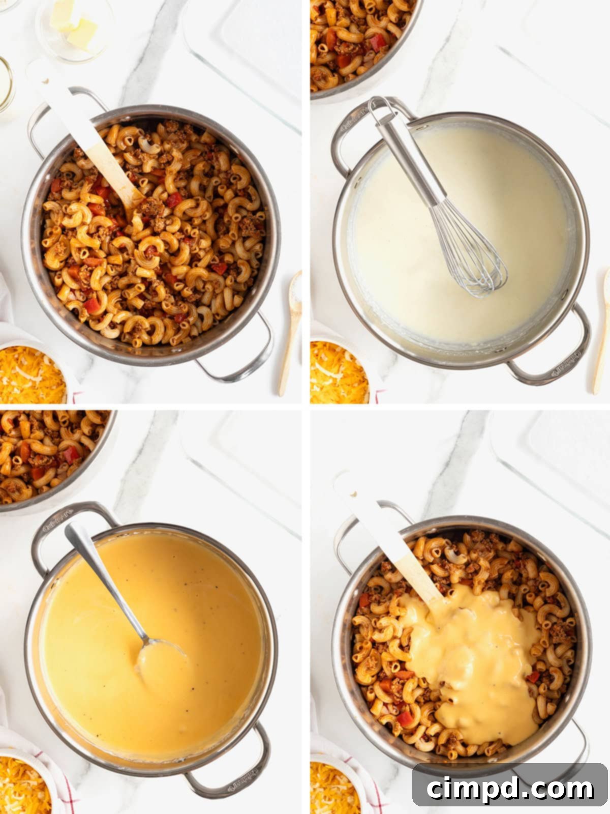 Fiesta Mac and Cheese 11 Third set of steps to make Mexi Mac and Cheese, showing the preparation and addition of the cheese sauce.