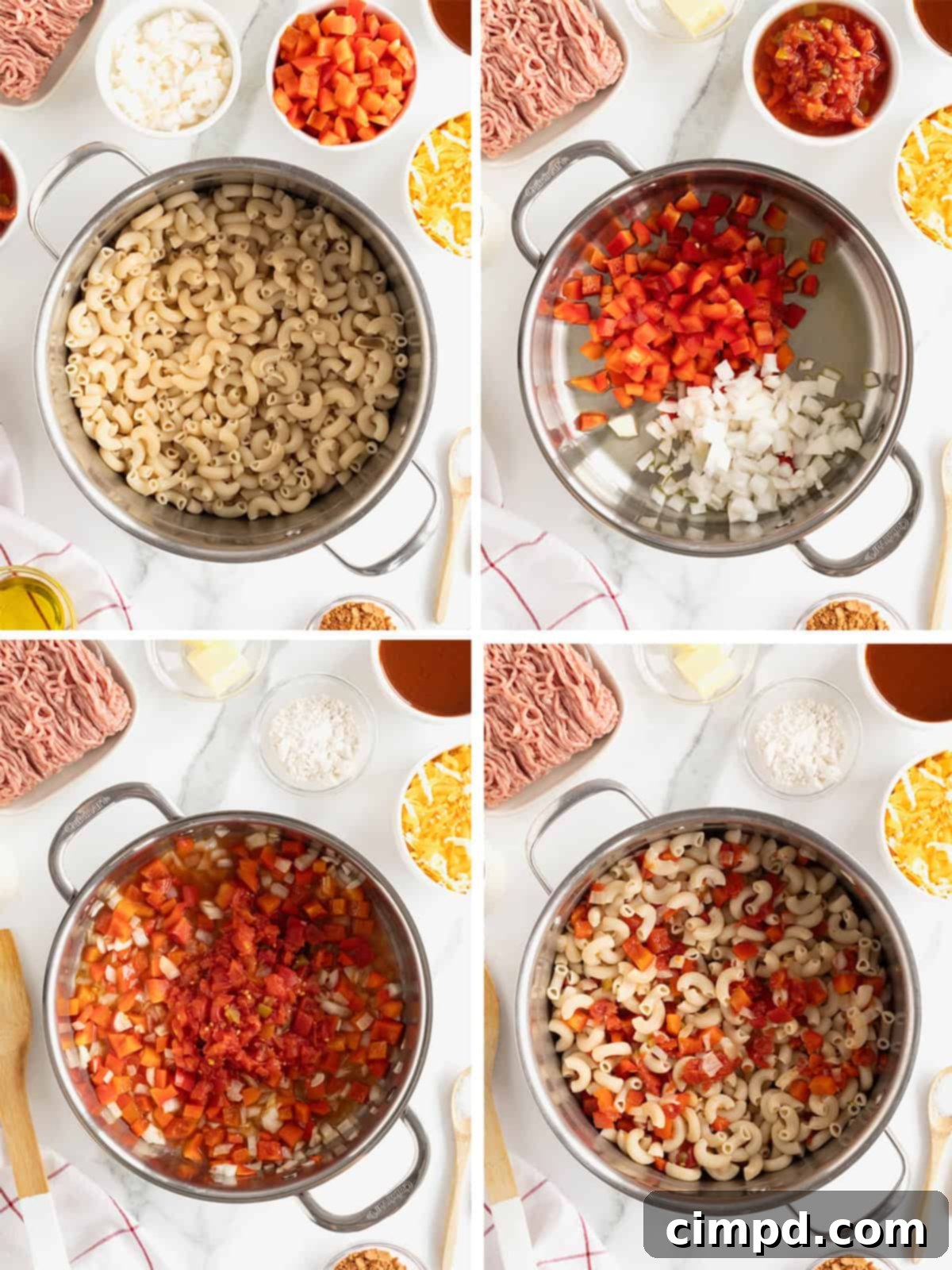 Fiesta Mac and Cheese 9 First steps to make Mexi Mac and Cheese, showing cooked macaroni and sautéed vegetables.