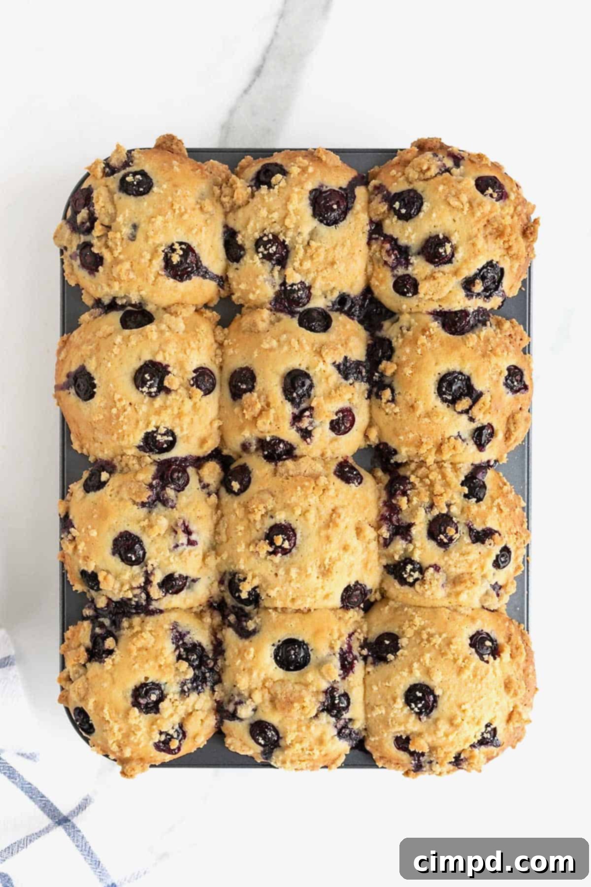 An aluminum muffin tin full of freshly baked blueberry streusel muffins, still warm from the oven.