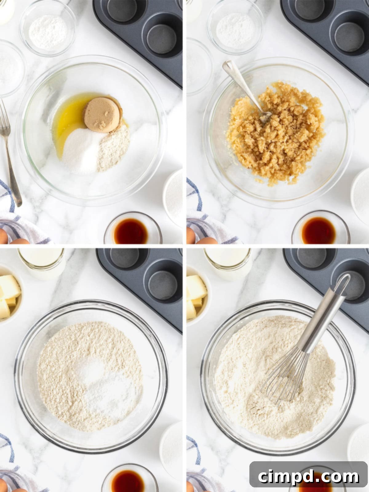 Steps to make blueberry streusel Muffins, showing mixing dry and wet ingredients separately.