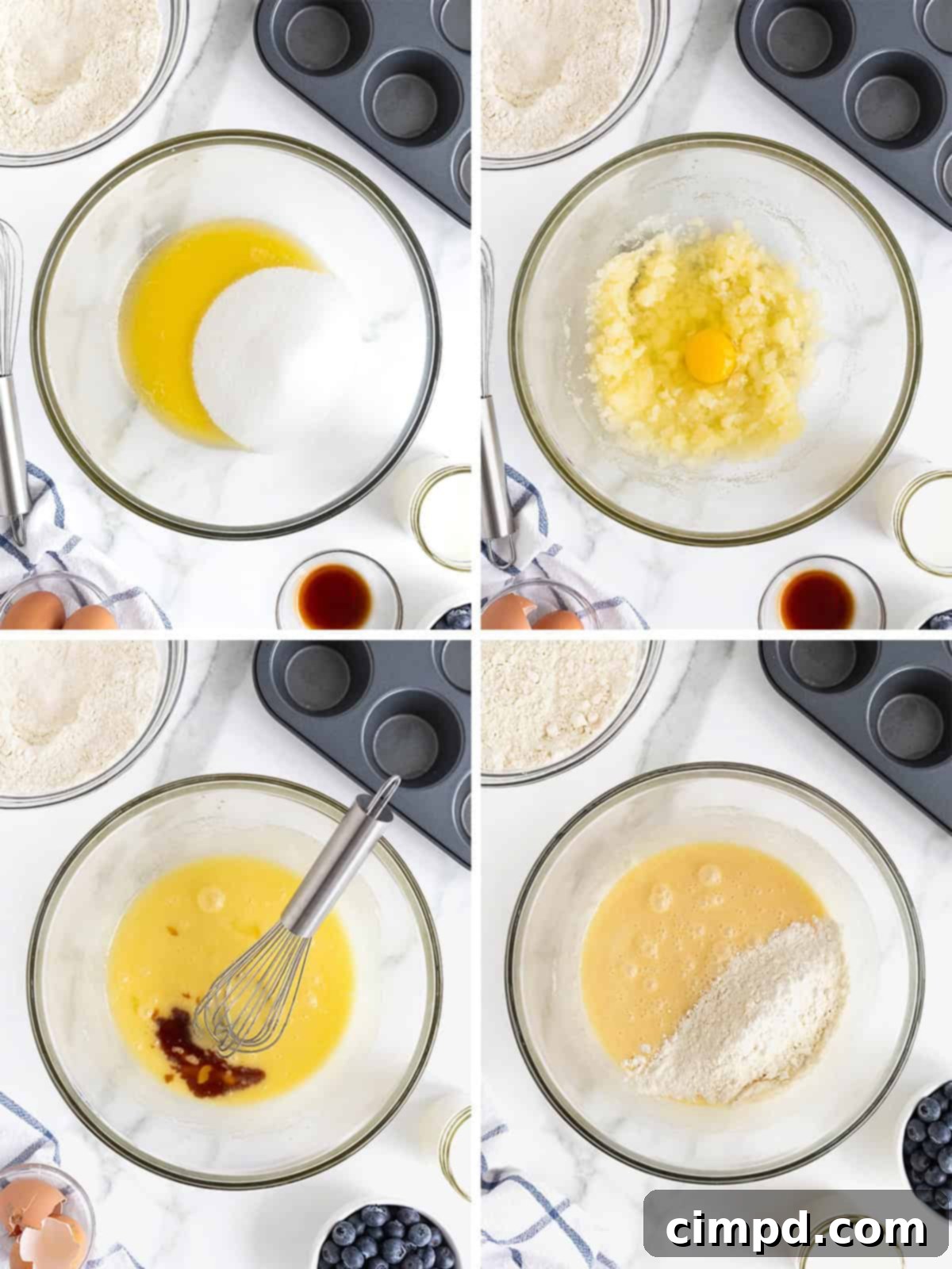 Steps to make Blueberry Streusel Muffins, showing folding blueberries into the batter.