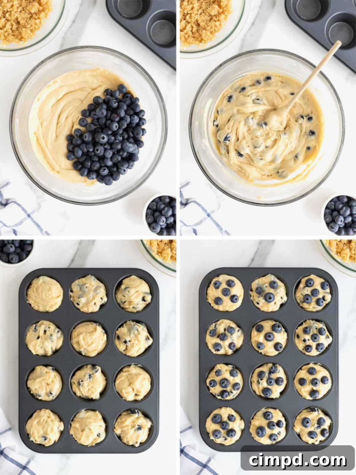 Steps to make blueberry muffins with streusel, showing the streusel being sprinkled onto the muffin batter.