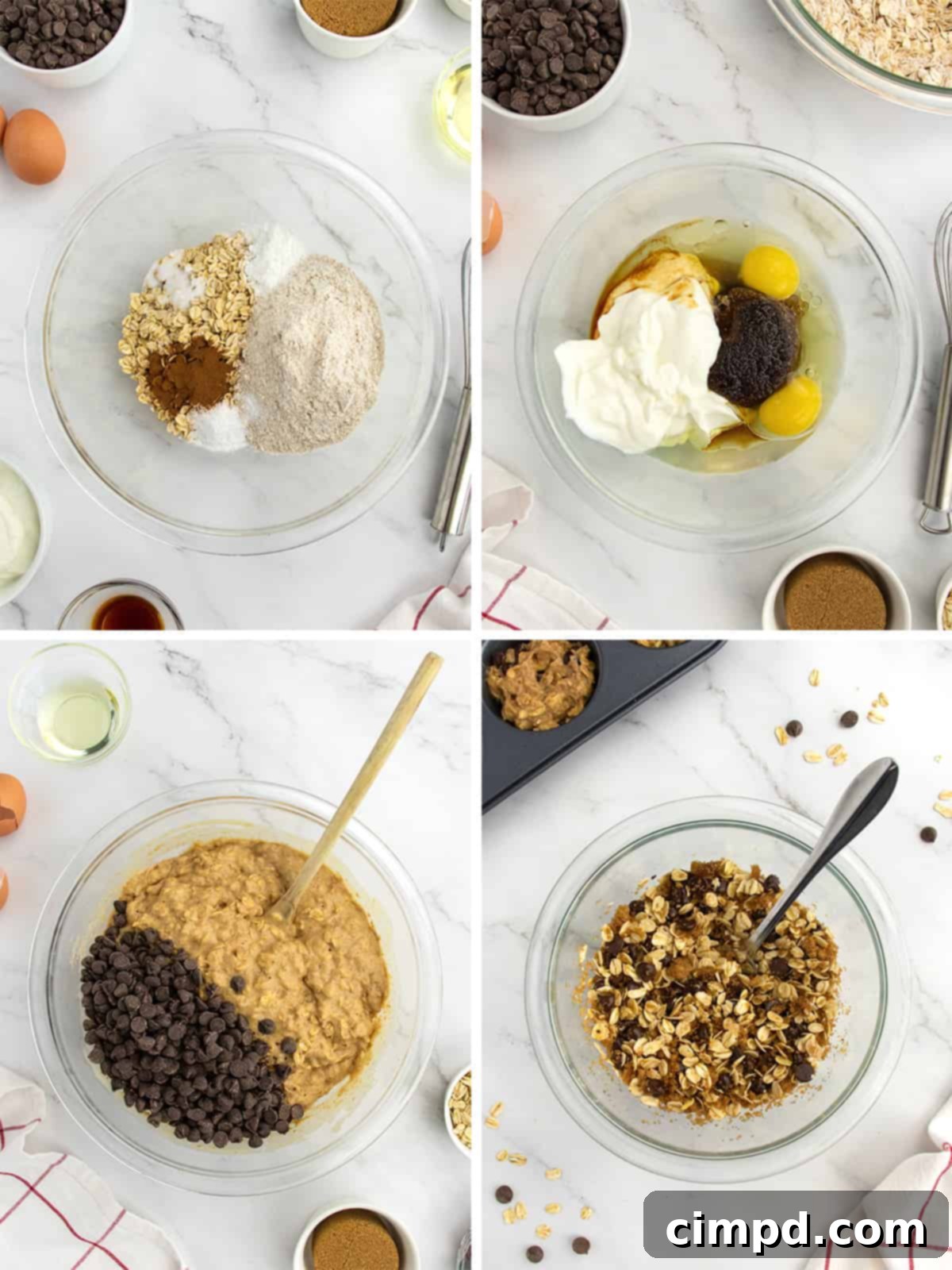 Greek Yogurt Chocolate Chip Oat Muffins 5 Muffin batter filled into a muffin pan, with a streusel topping being sprinkled on top.