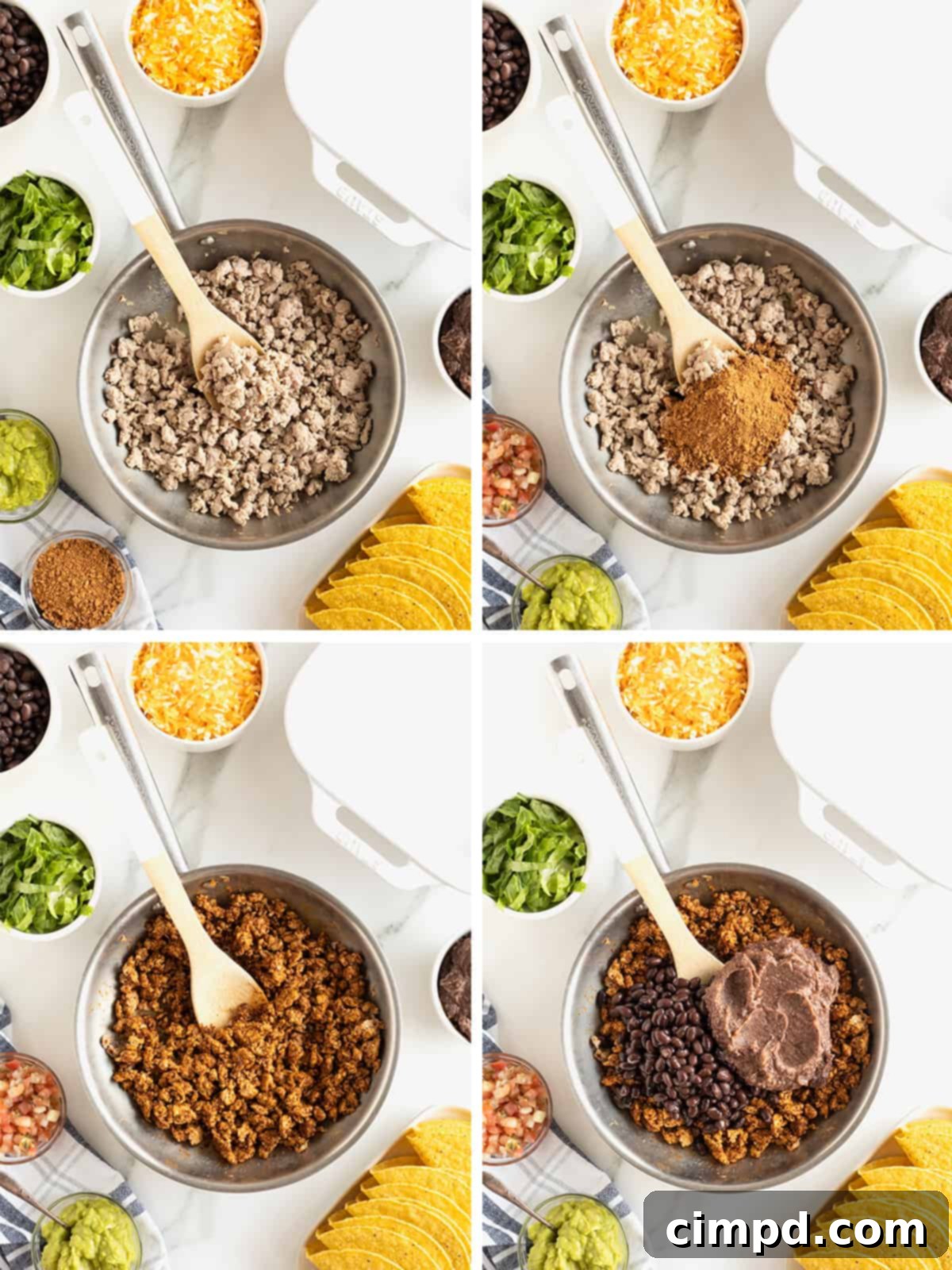 A visual step-by-step guide illustrating the cooking process for Turkey and Black Bean Baked Tacos, from browning the turkey to mixing in beans and seasoning.