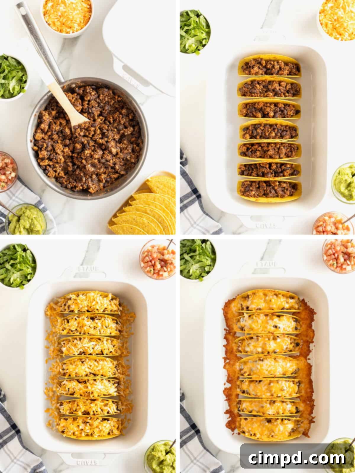 A visual guide showing the final steps of preparing turkey and black bean baked tacos: filling shells, adding cheese, and baking until golden.