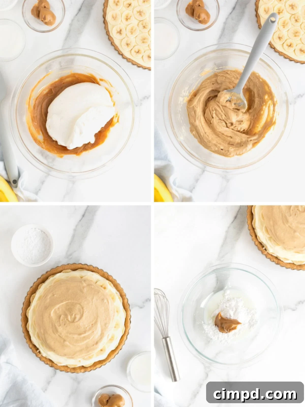 Steps to make peanut butter banana cream pie.