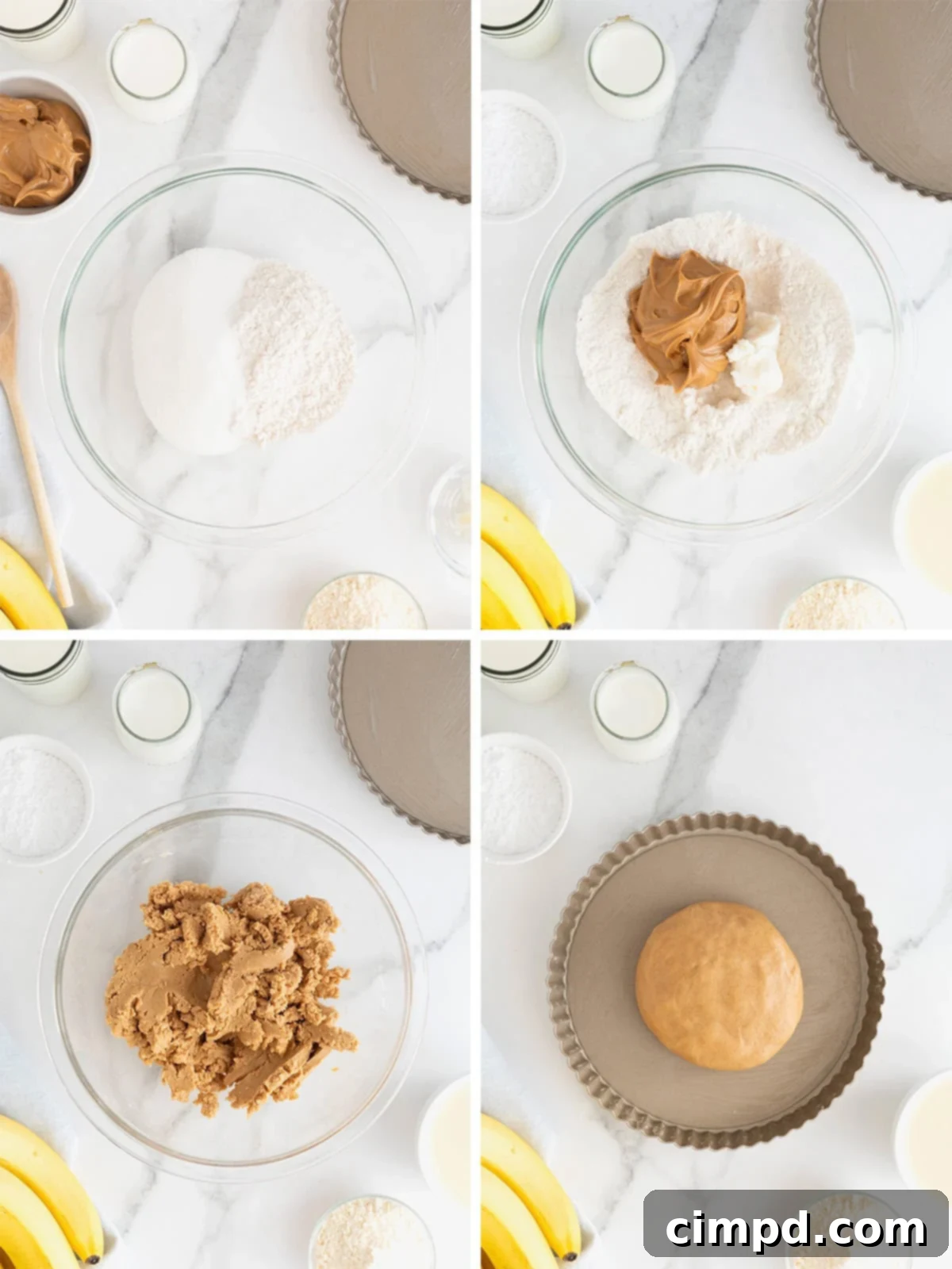 Steps to make peanut butter banana cream pie crust.