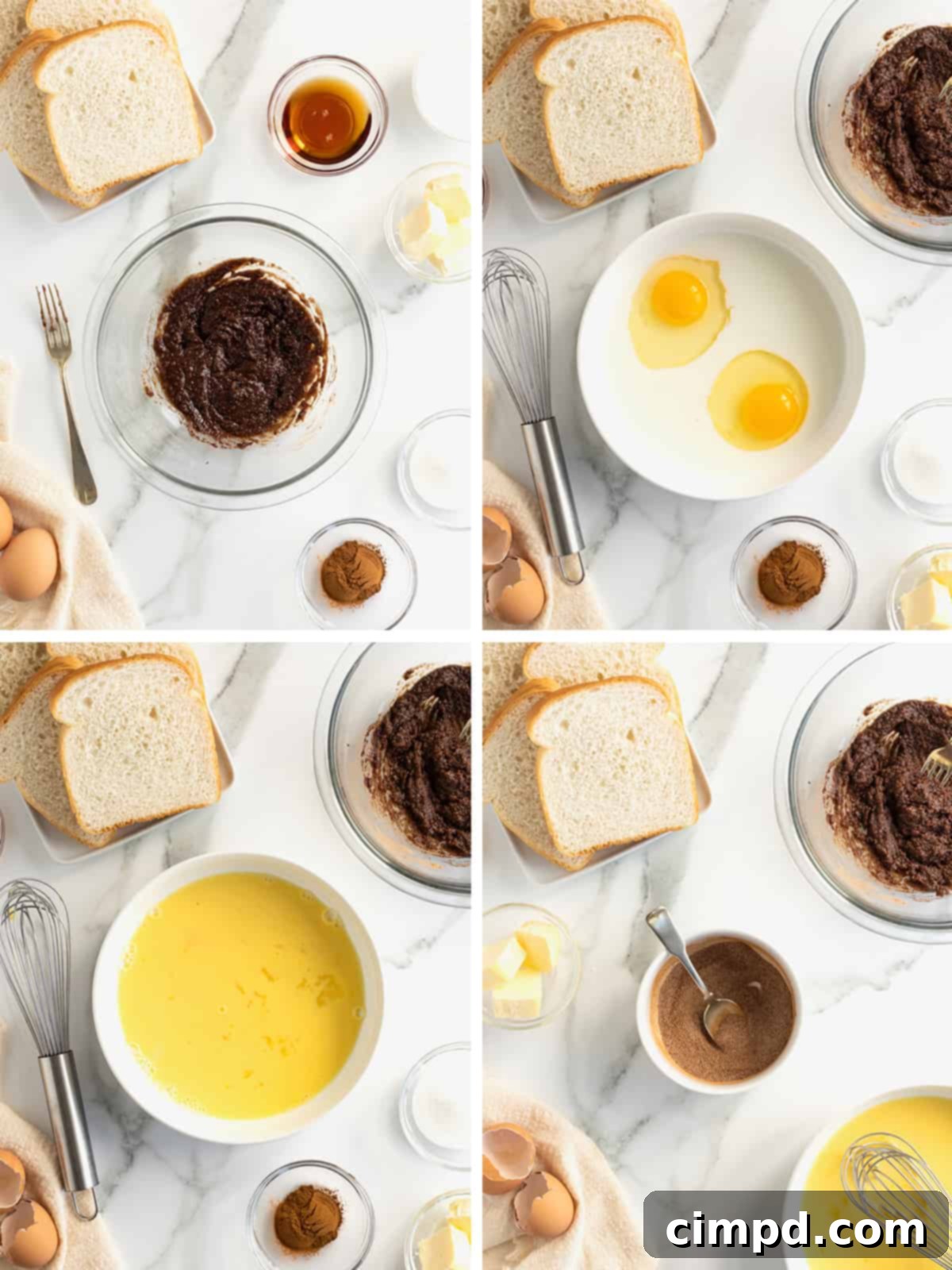 A visual guide showing French toast roll-up preparation: bowls of cinnamon sugar mixture, whisked egg and milk, and flattened bread slices ready for assembly.