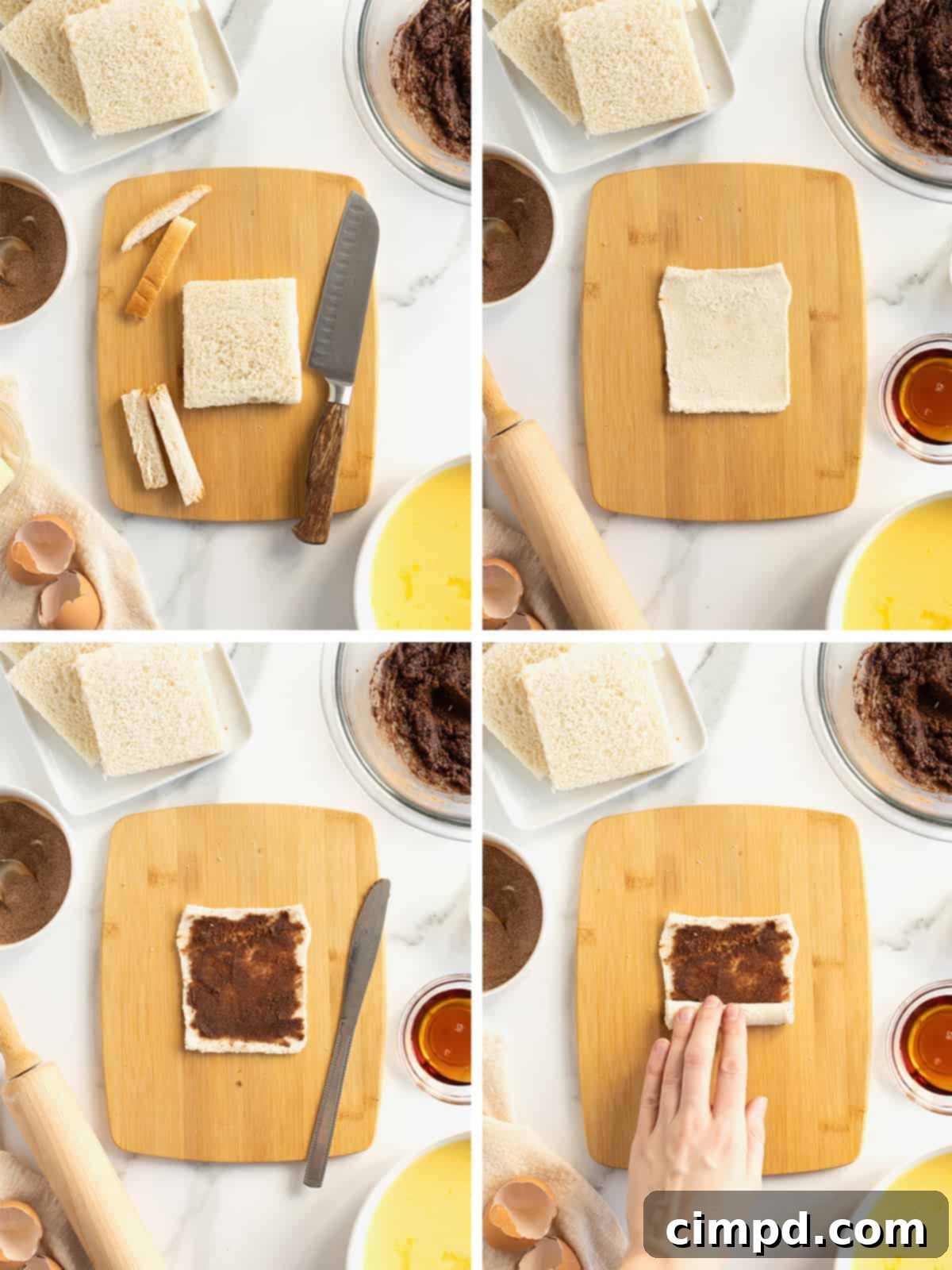 A series of images demonstrating the process of flattening bread slices with a rolling pin and then spreading cinnamon butter before tightly rolling them for French toast roll-ups.