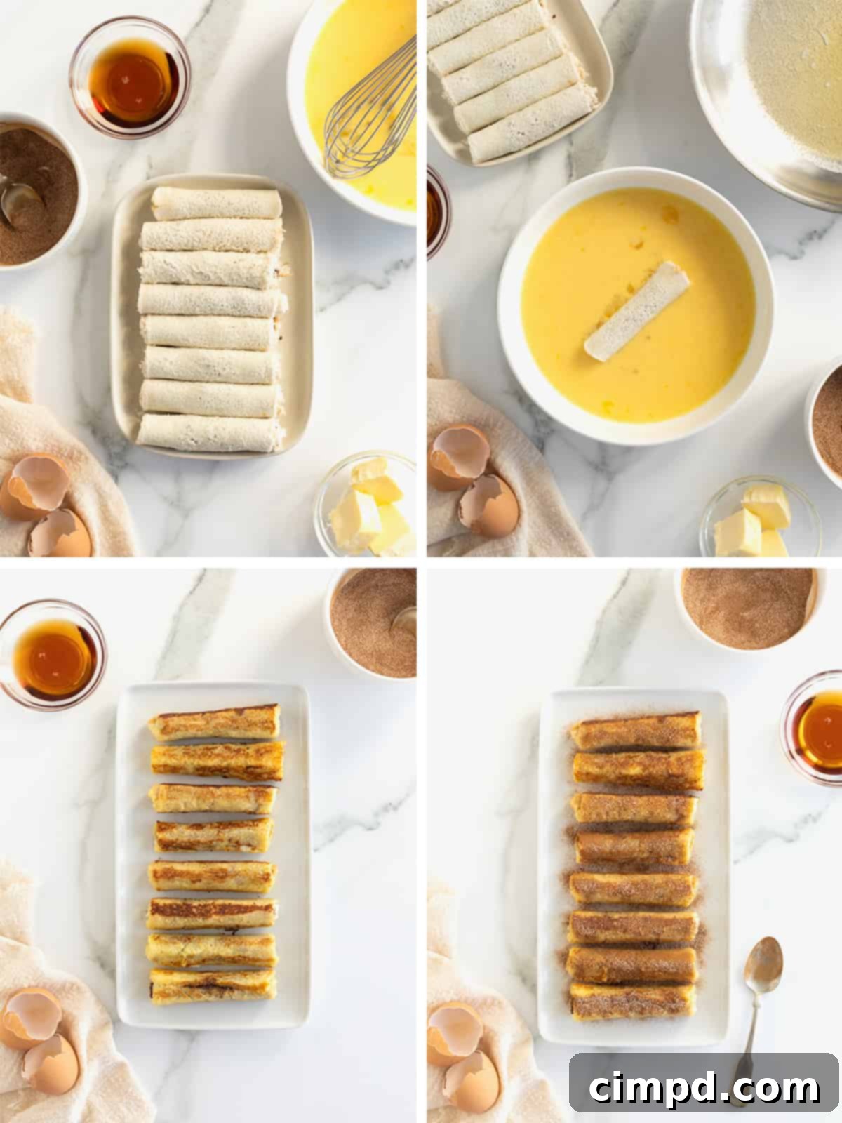 A collection of cooked French toast roll-ups, beautifully golden and coated in cinnamon sugar, ready for serving.
