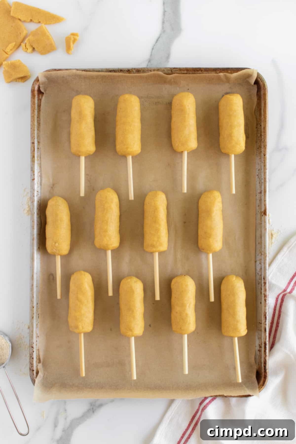 Baked corn dogs fresh out of the oven, golden and crispy, on a parchment-lined baking sheet.