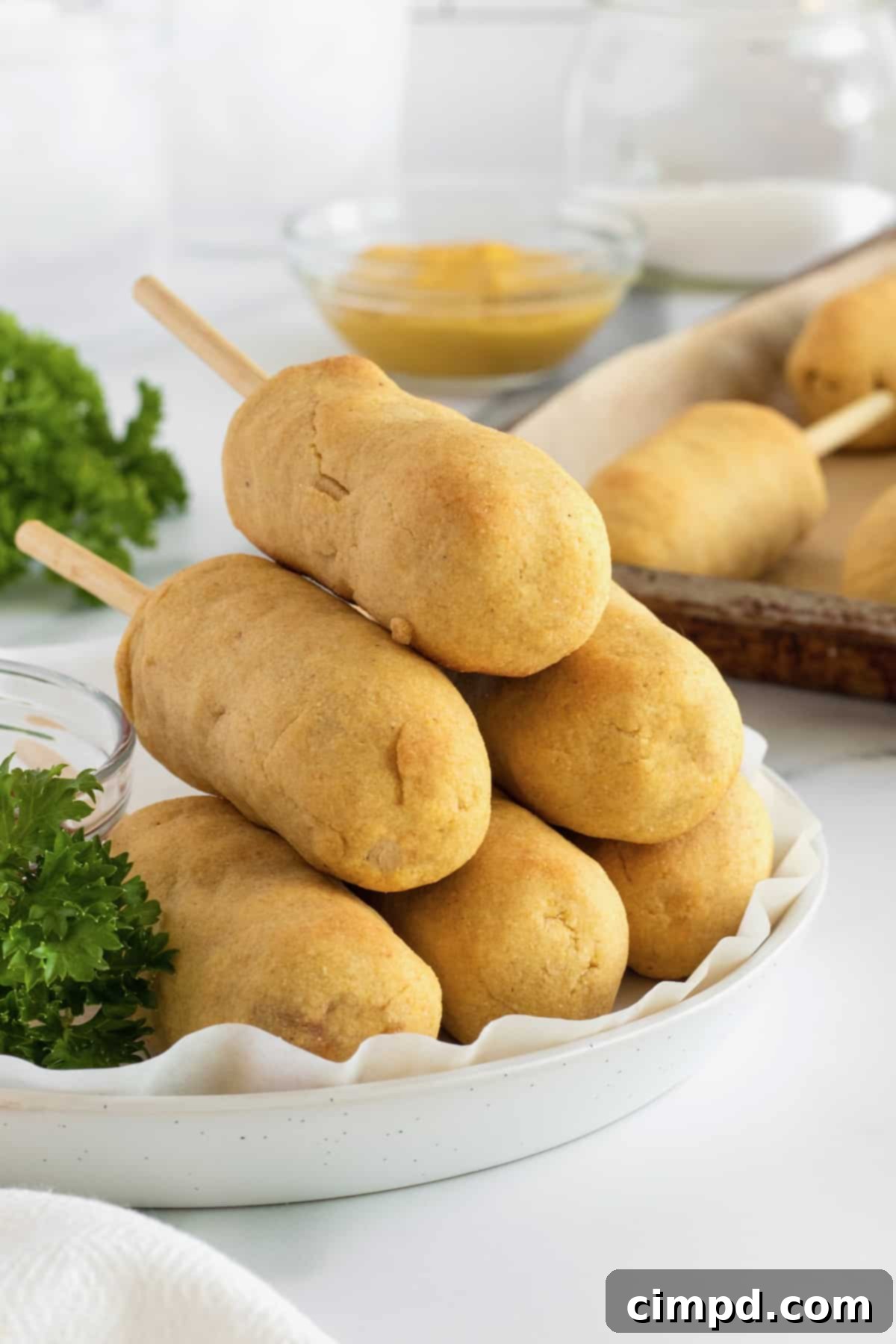 A plate of golden-brown baked corn dogs, elegantly served with small bowls of mustard and ketchup for dipping.