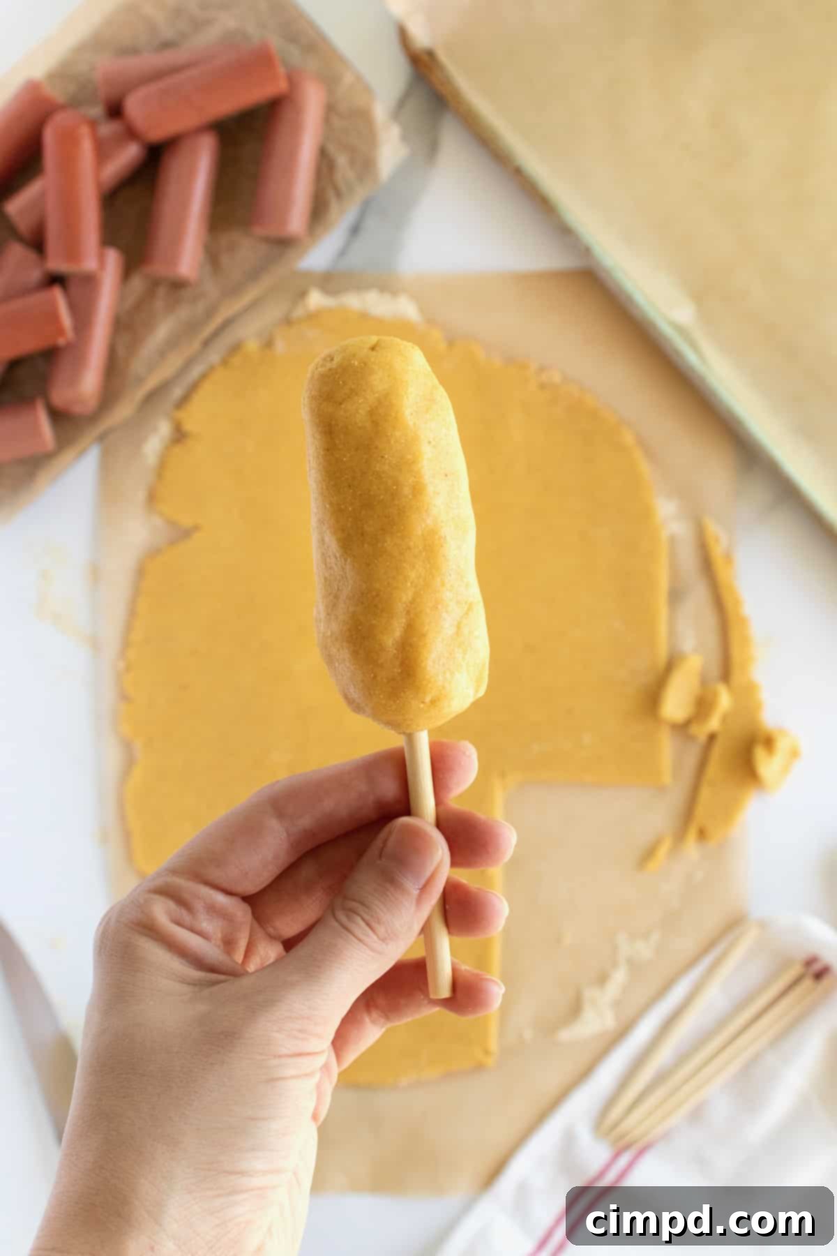 A close-up image showing hot dogs being wrapped in cornmeal dough on a stick.