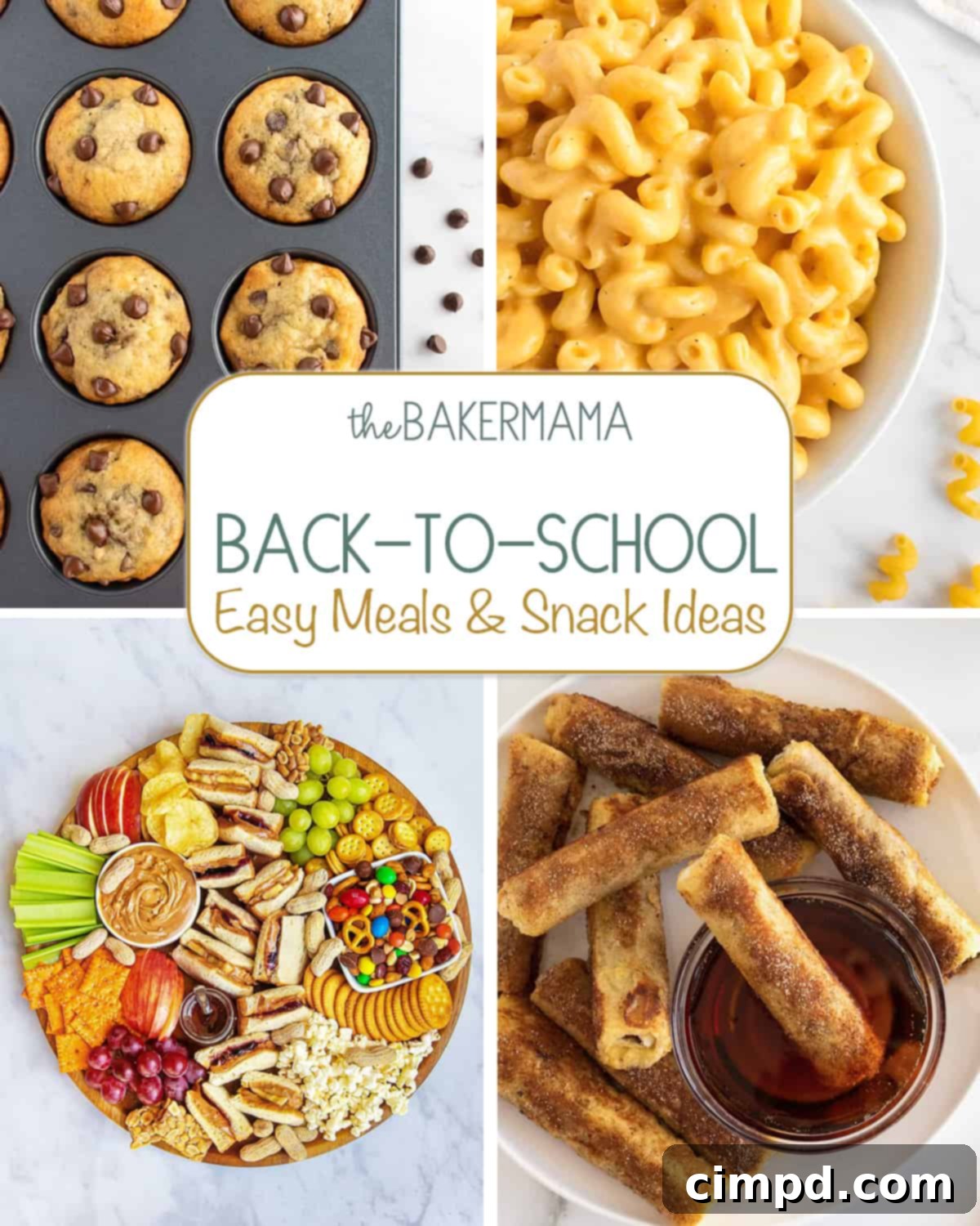 A collage of various delicious and healthy back-to-school meals and snacks, including banana chocolate chip muffins, stovetop macaroni and cheese, an after-school snack board, and French toast roll-ups.
