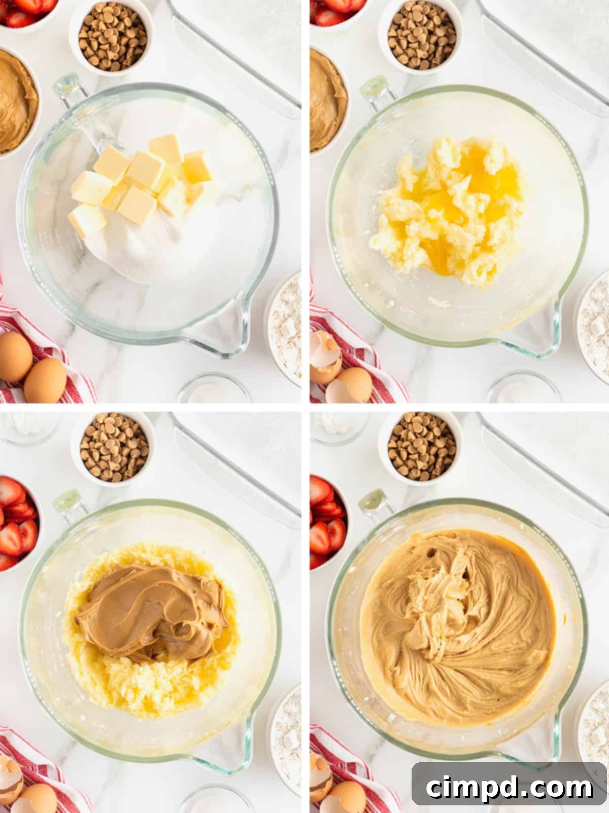 Strawberry Peanut Butter Swirl Bars 8 The first steps of making strawberry peanut butter bars, showing butter and sugar being creamed, then eggs and peanut butter added to the mixture in an electric mixer.