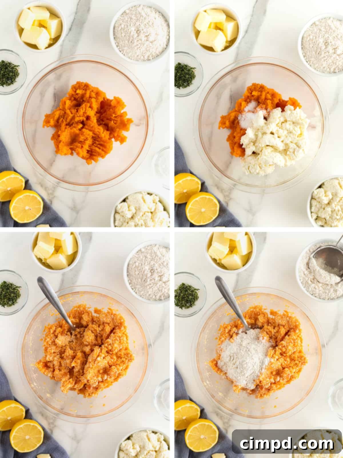 A visual guide showing initial steps for making sweet potato ricotta gnocchi, including mashing sweet potatoes and mixing dough.