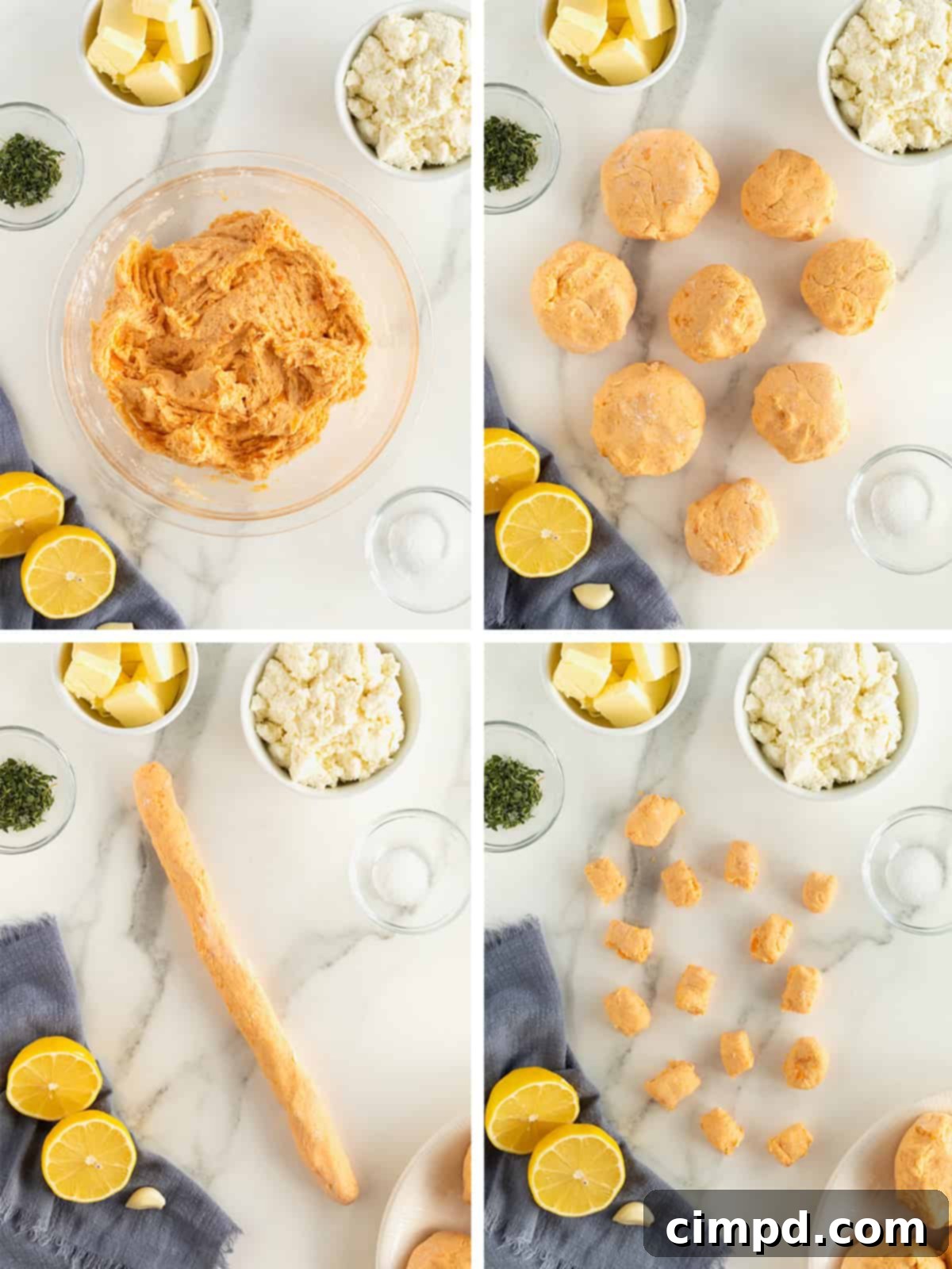 Step-by-step imagery demonstrating how to roll and cut sweet potato ricotta gnocchi dough into individual pieces.