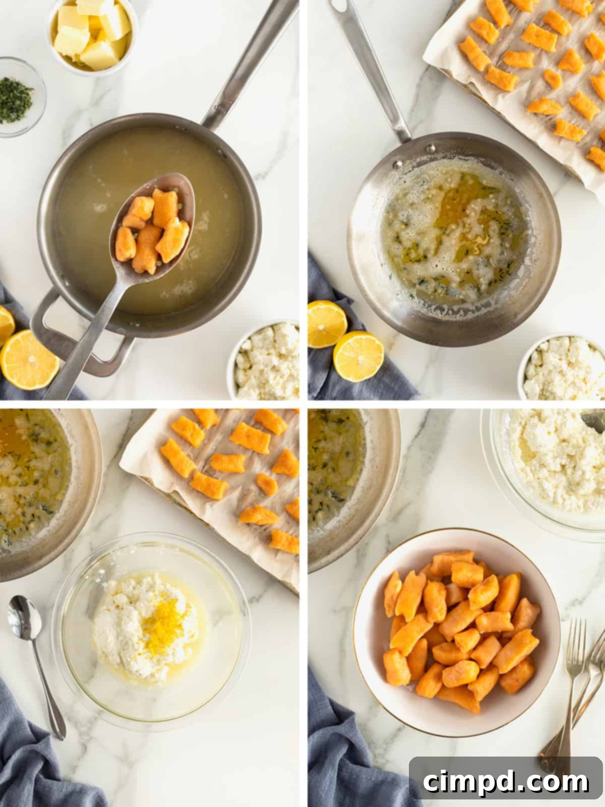 The final stages of preparing sweet potato ricotta gnocchi, featuring the brown butter herb sauce and lemon ricotta.