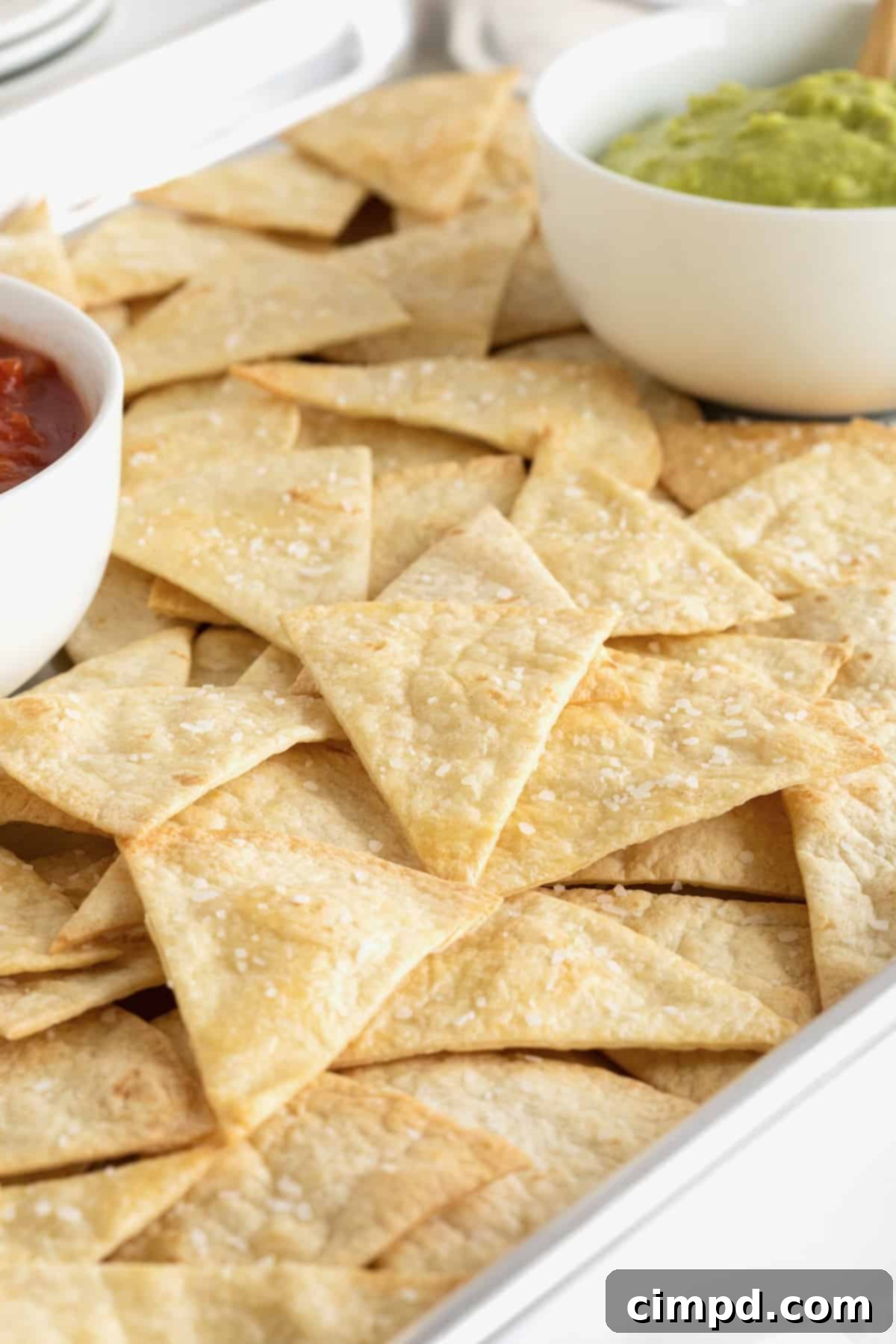 A vibrant platter of baked flour tortilla chips, accompanied by a generous bowl of guacamole and a smaller bowl of fresh salsa, artfully arranged for a party or snack.
