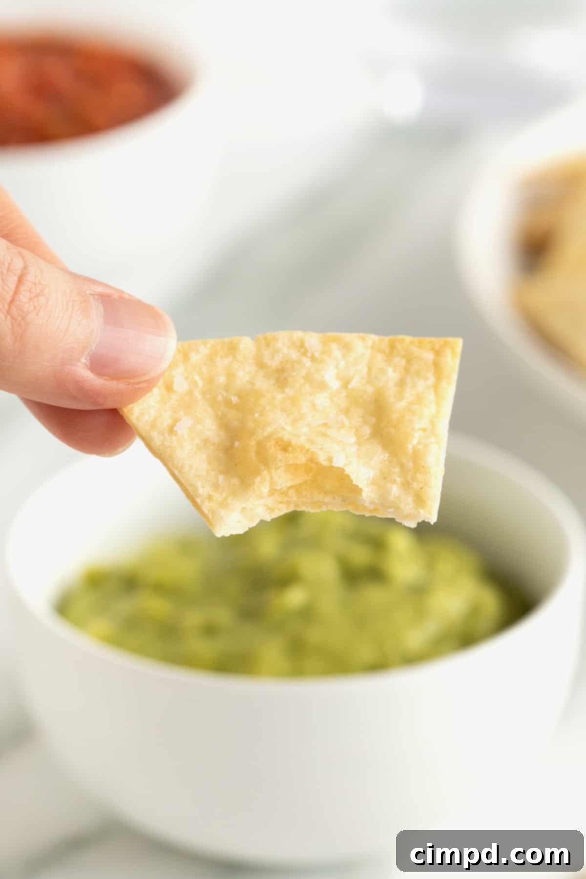 A homemade tortilla chip with a bite taken out, highlighting its crisp texture, with a blurry background of creamy guacamole.