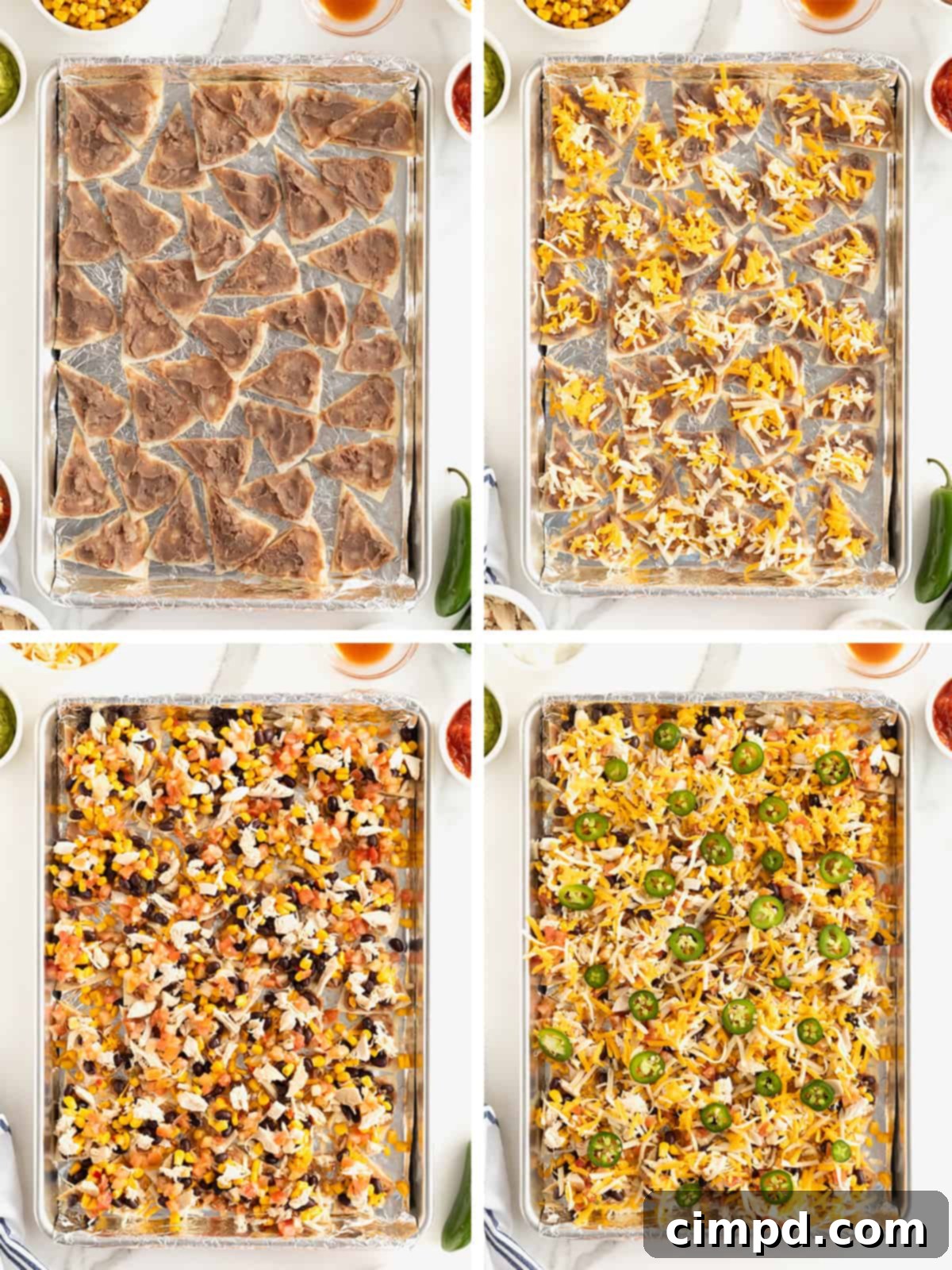 Loaded One Pan Chicken Black Bean Nachos 6 A visual step-by-step guide illustrating the process of assembling delicious sheet pan chicken and black bean nachos on a baking sheet.