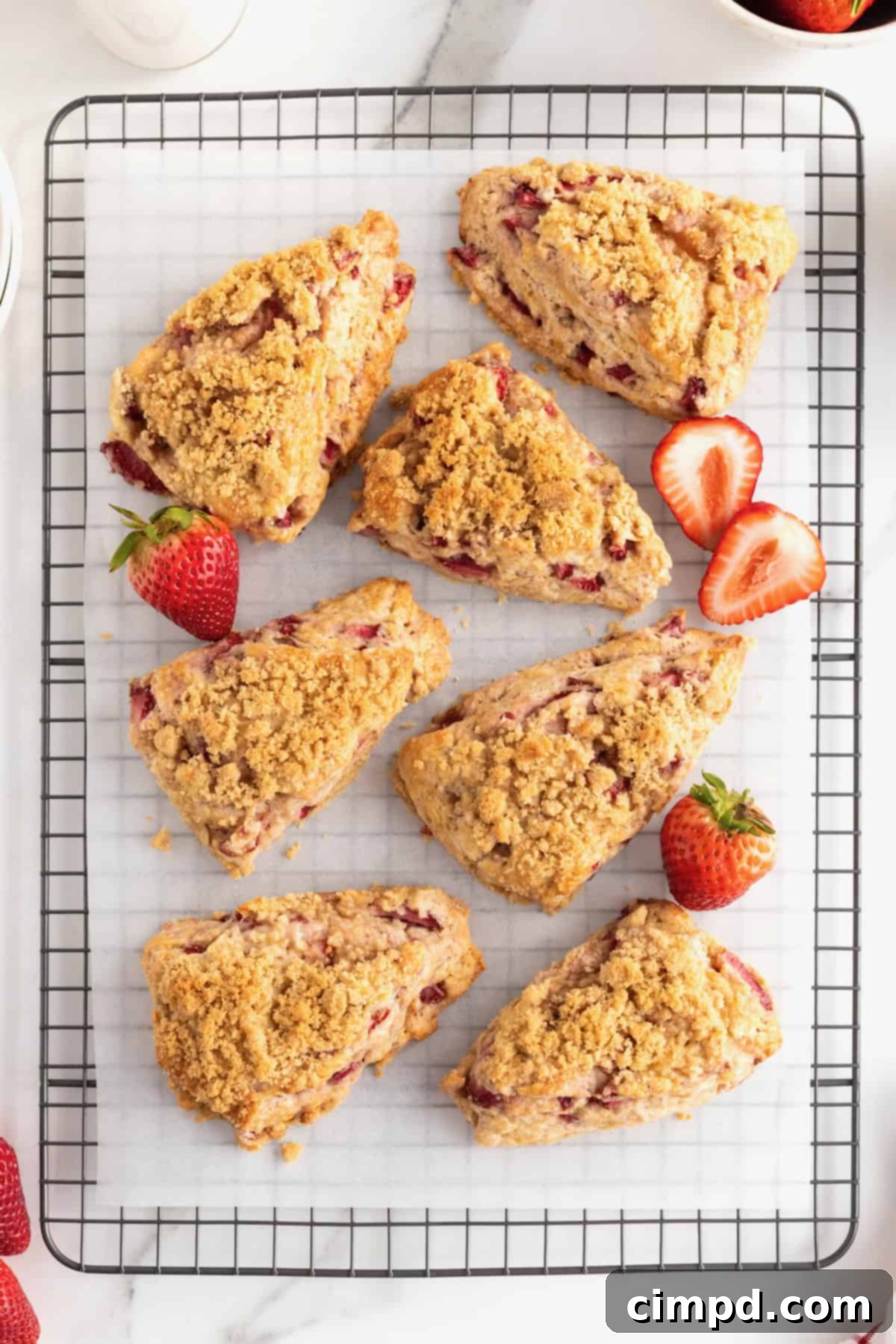 Seven golden-brown strawberry streusel scones arranged on a parchment-lined cooling rack, glistening with sweet topping.