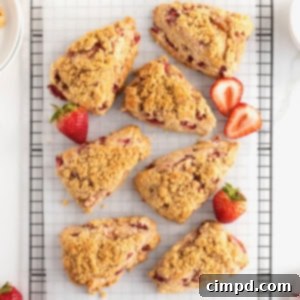 7 strawberry scones topped with streusel on a parchment lined cooling rack.