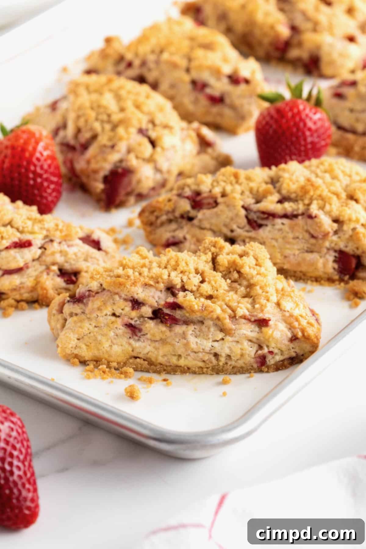 Seven freshly baked strawberry streusel scones cooling on a parchment-lined aluminum baking sheet, ready to be enjoyed.