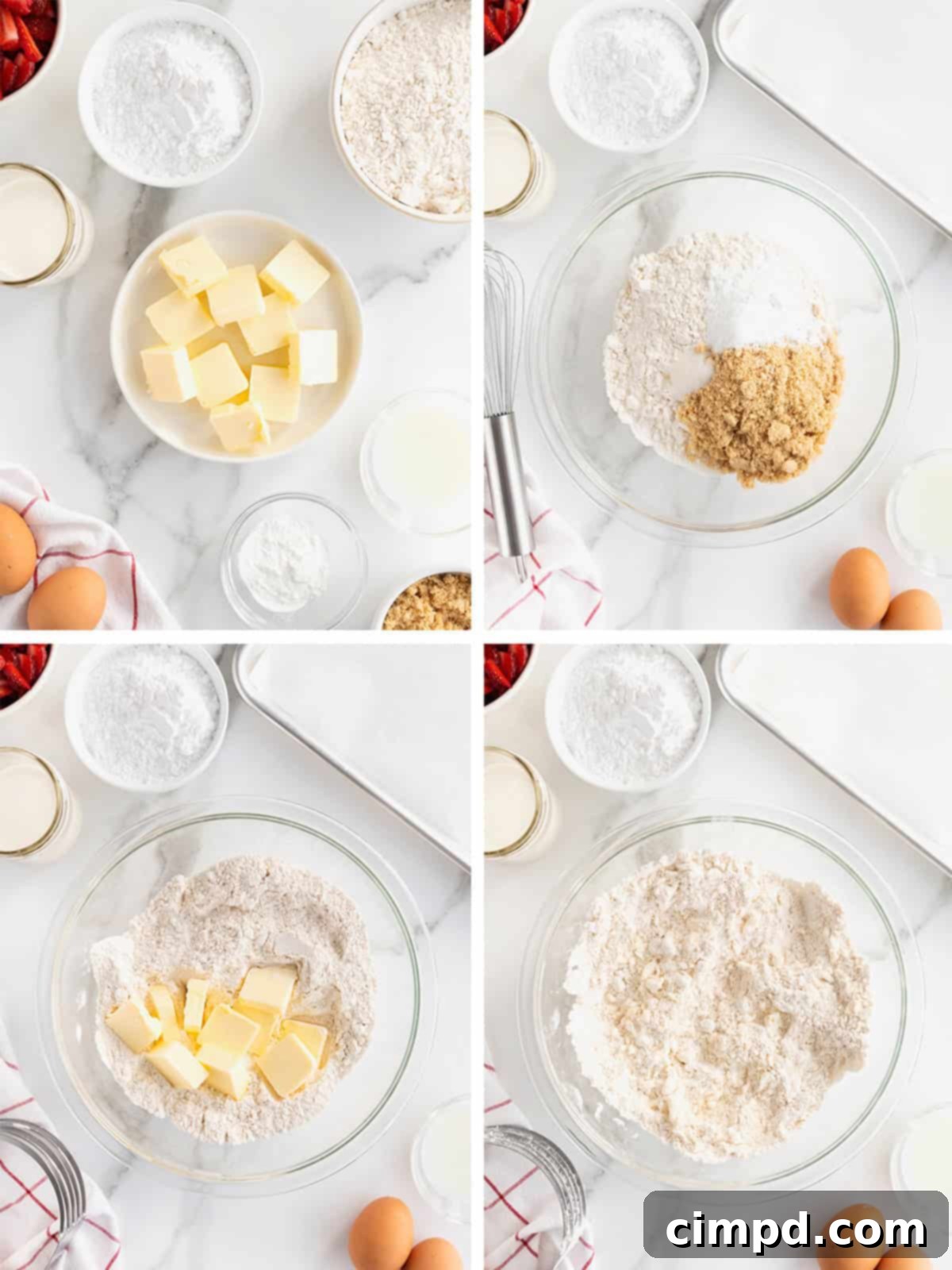 Illustrated steps showing how to prepare the scone dough, including cutting in cold butter and mixing ingredients.