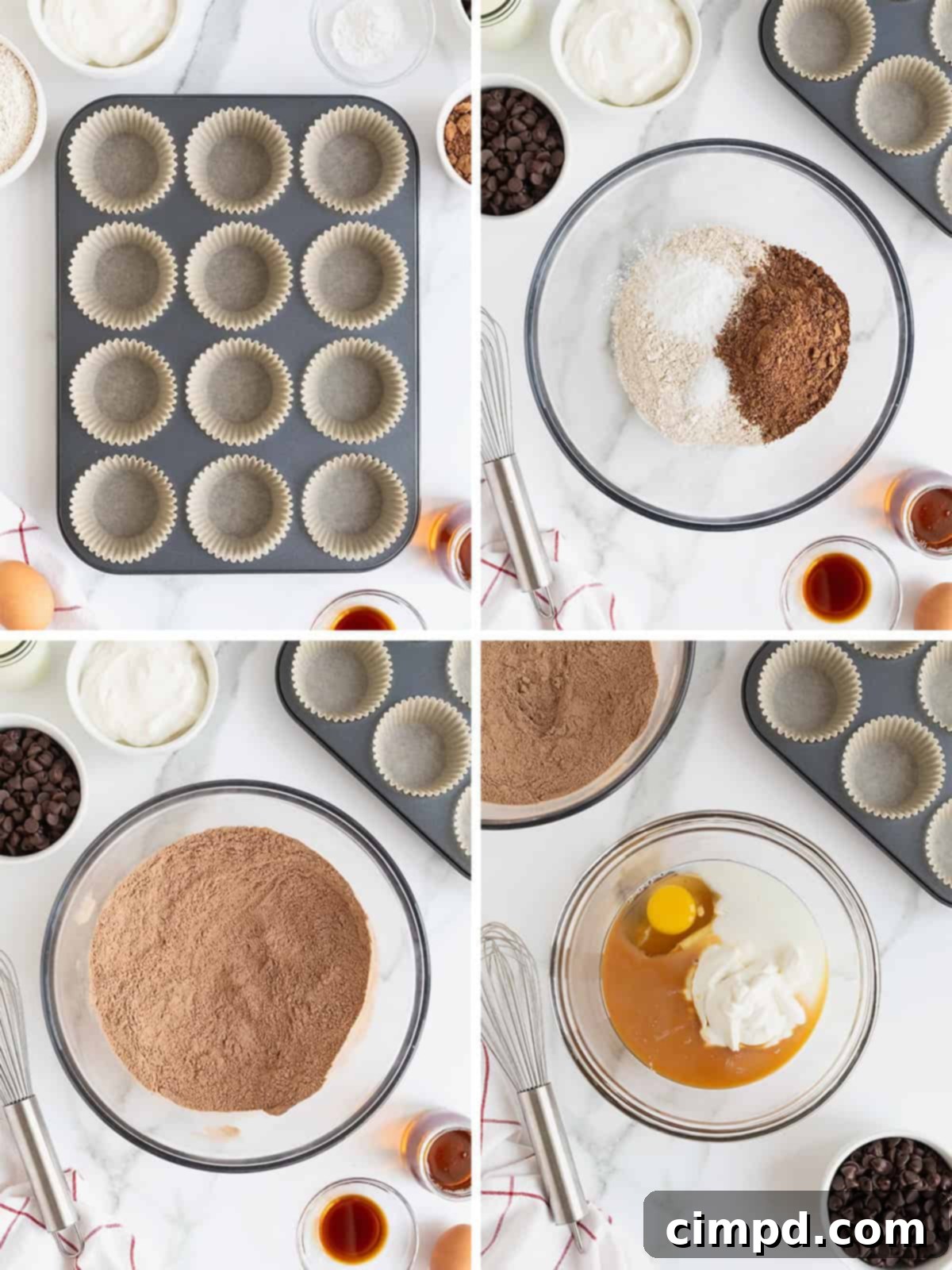 A visual guide showing the initial steps to make healthier double chocolate muffins, including mixing dry ingredients.