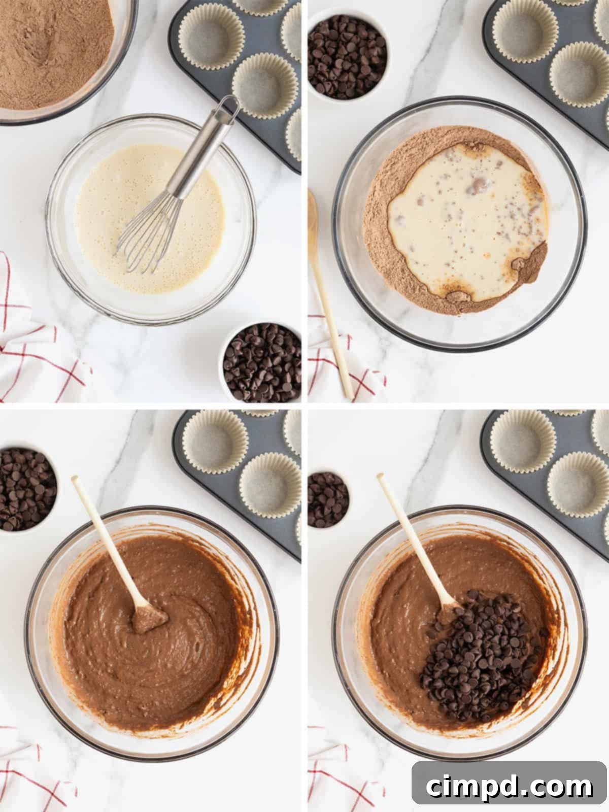 A visual guide depicting the steps to make healthier double chocolate muffins, focusing on combining wet and dry ingredients and folding in chocolate chips.